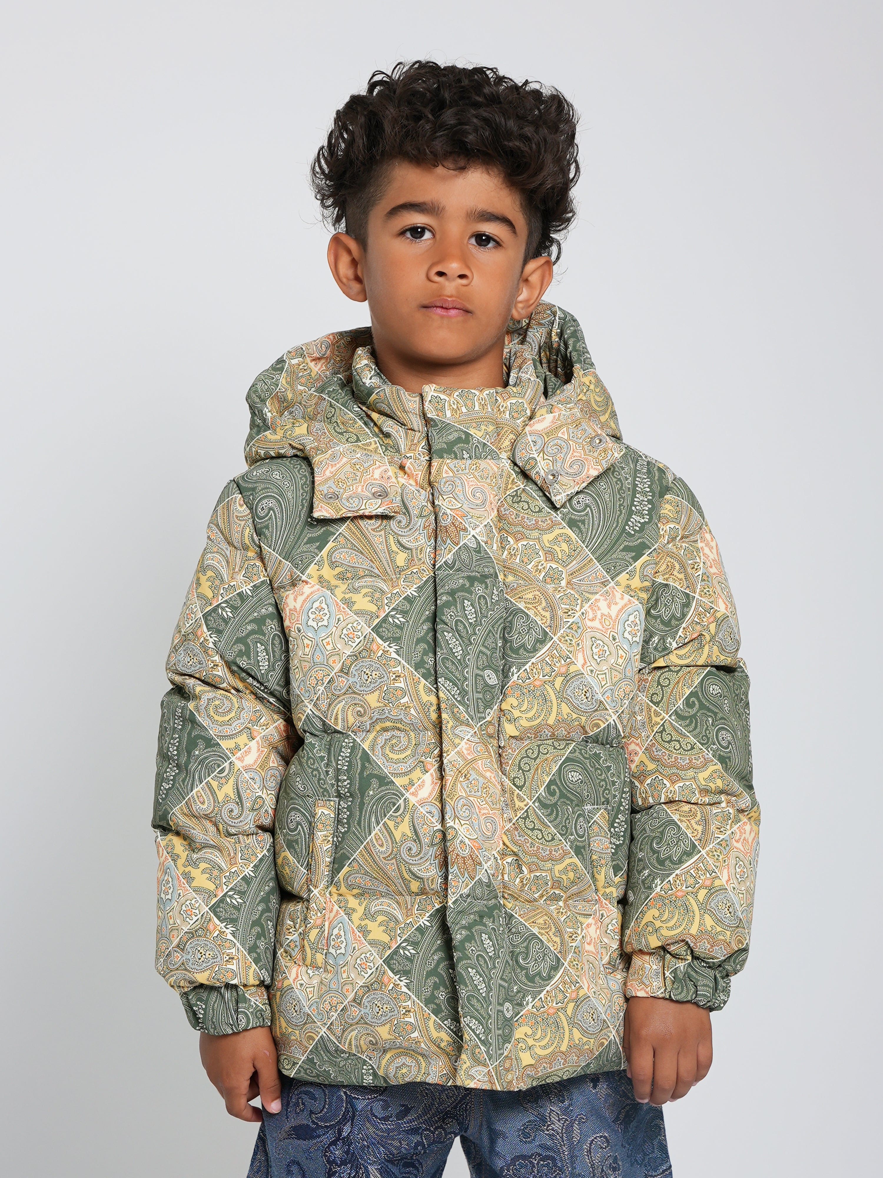 Etro Boys Paisley Puffer Jacket in Green1