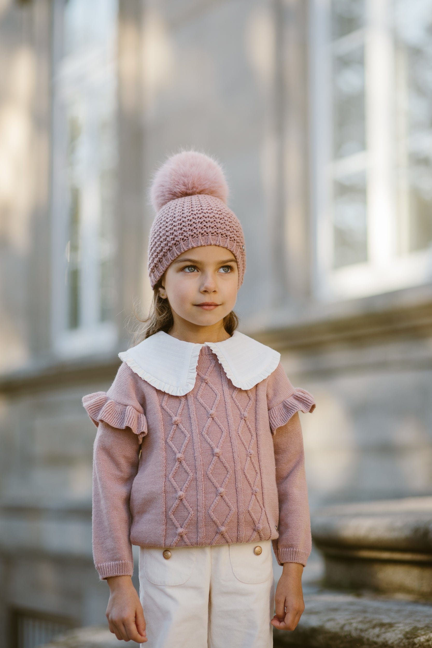 Paz Rodriguez Girls Knitted Pom Pom Hat in Pink