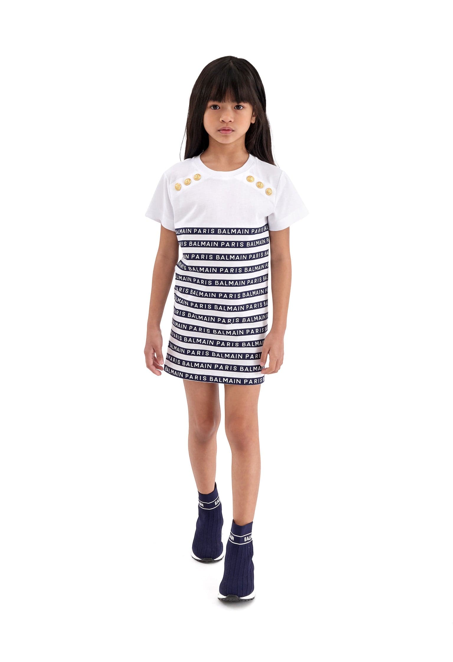 Balmain Girls Striped Logo Jersey Dress in White