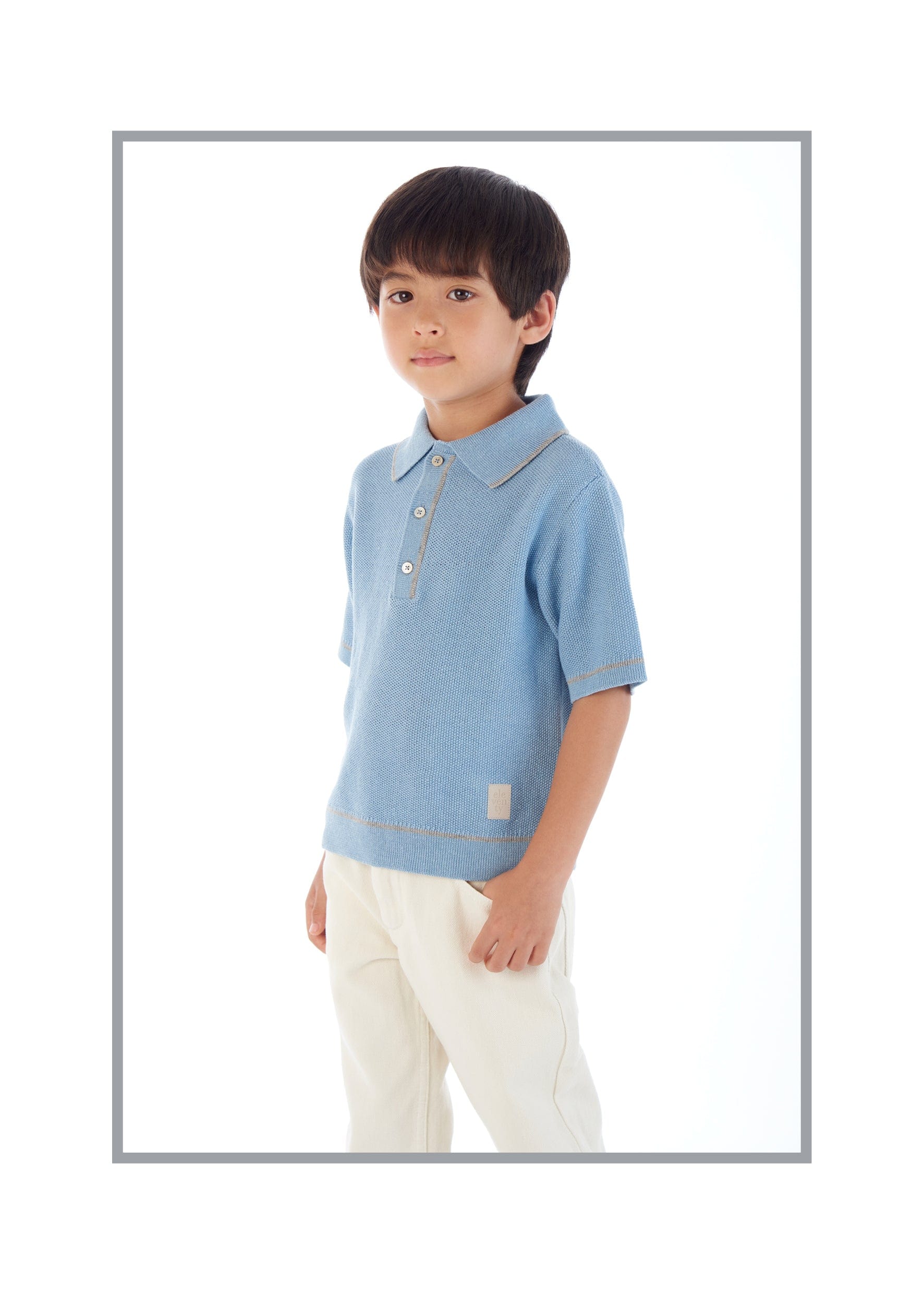 Eleventy Boys Linen Knit Polo Shirt in Blue