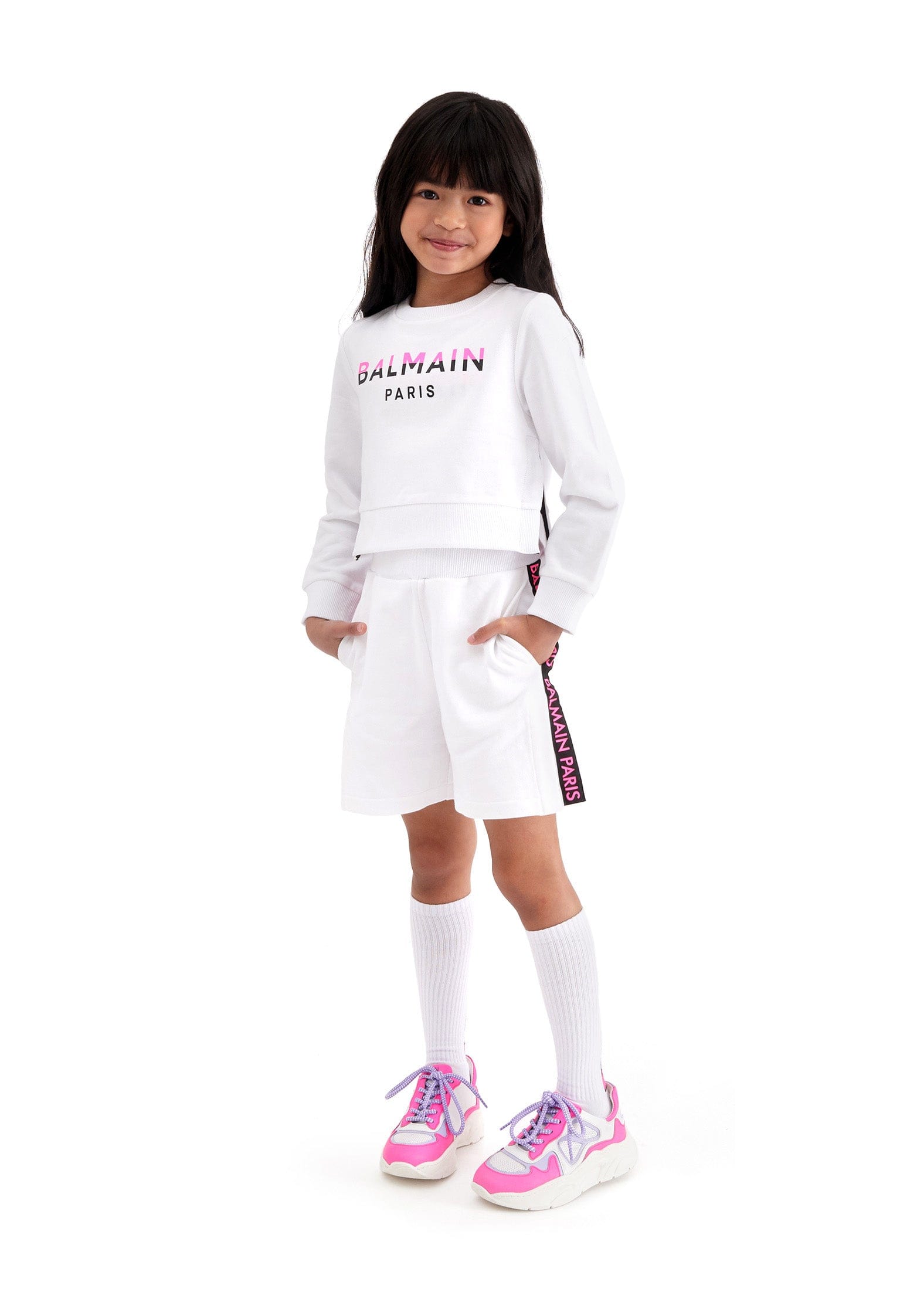 Balmain Girls Logo Jersey Shorts in White