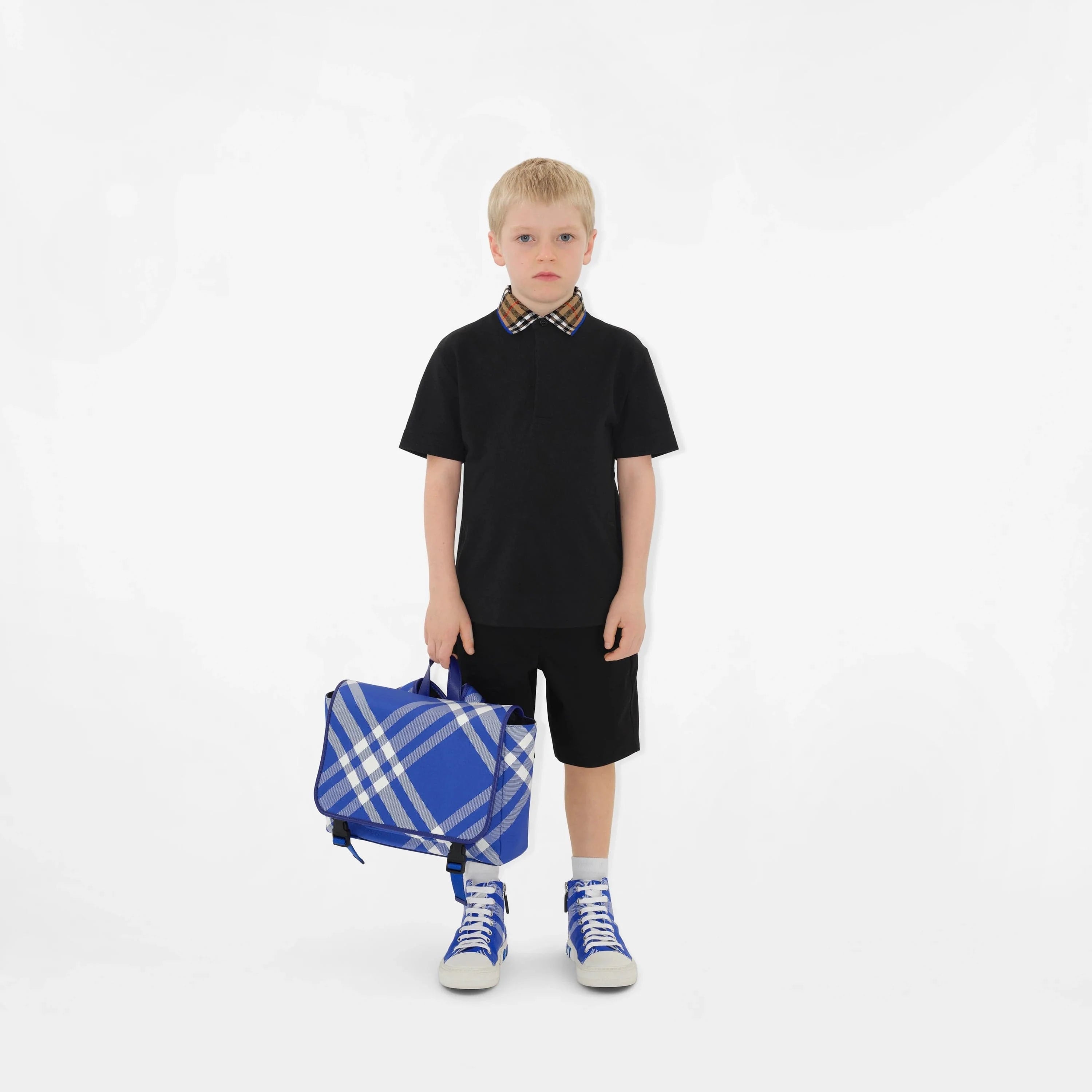 Burberry Boys Check Collar Johane Polo Shirt in Black