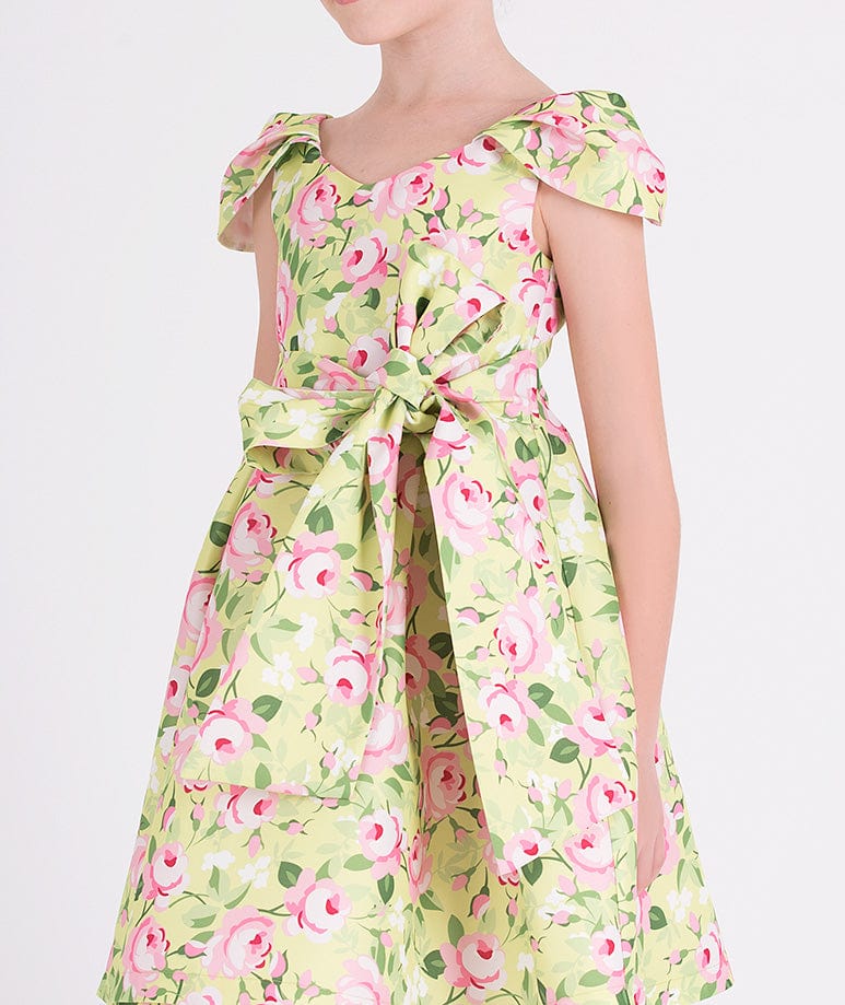 Mama Luma Girls Flower Print Dress With Belt in Yellow