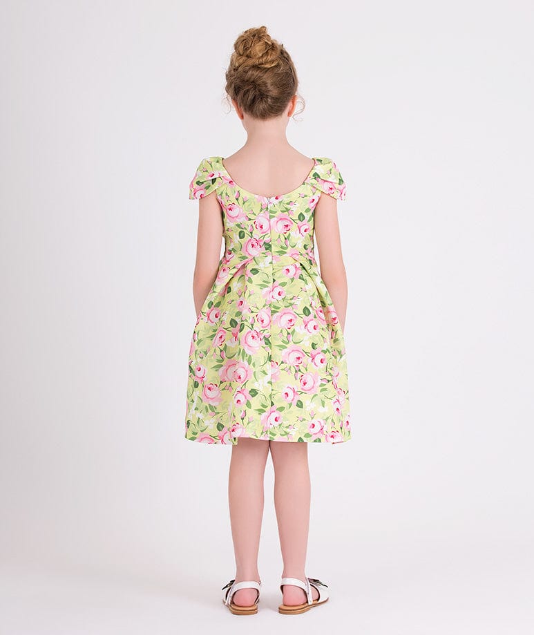 Mama Luma Girls Flower Print Dress With Belt in Yellow