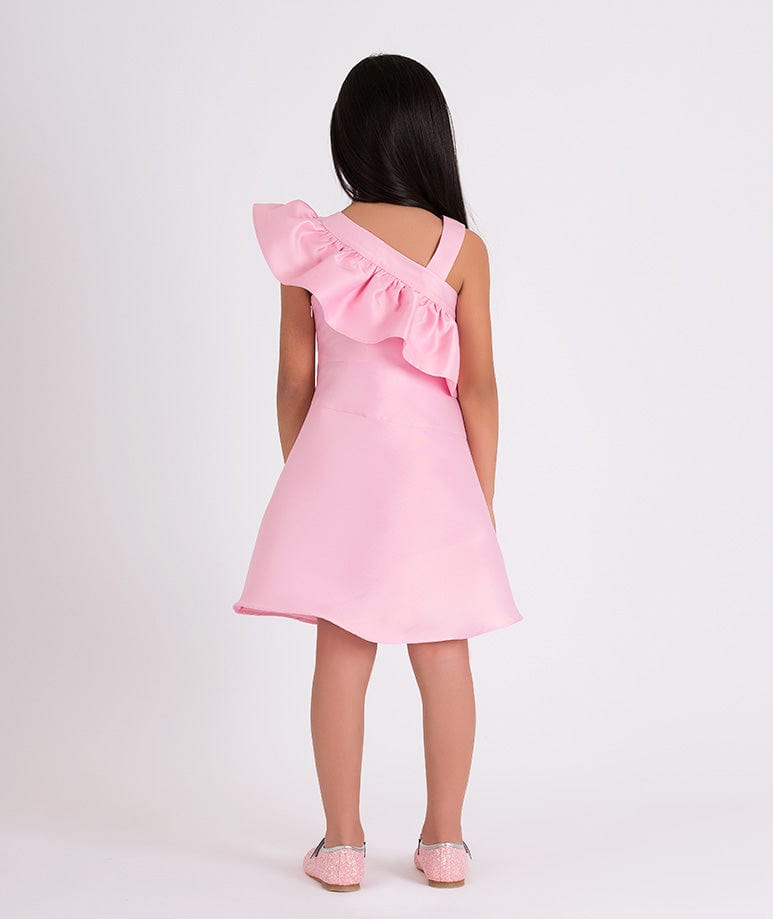 Mama Luma Girls One Shoulder Ruffle Dress in Pink