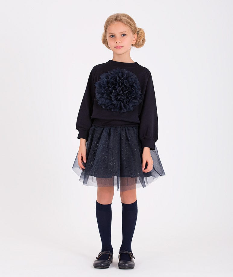 Mama Luma Girls Organza Flower Sweatshirt in Navy