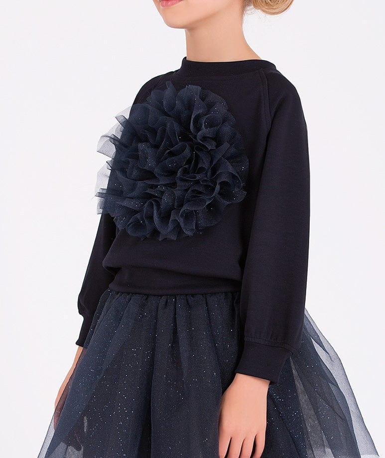 Mama Luma Girls Organza Flower Sweatshirt in Navy