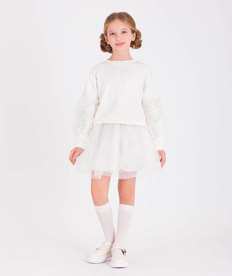 Mama Luma Girls Organza Detailed Sleeve Sweatshirt in White