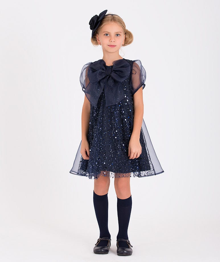 Mama Luma Girls Sequined Soft Tulle Dress in Navy