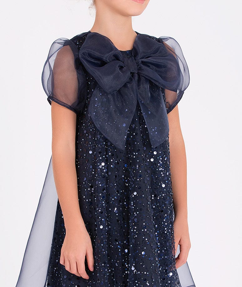 Mama Luma Girls Sequined Soft Tulle Dress in Navy