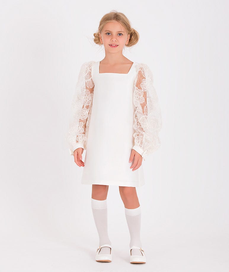 Mama Luma Girls Organza Flower Sleeve Dress in White