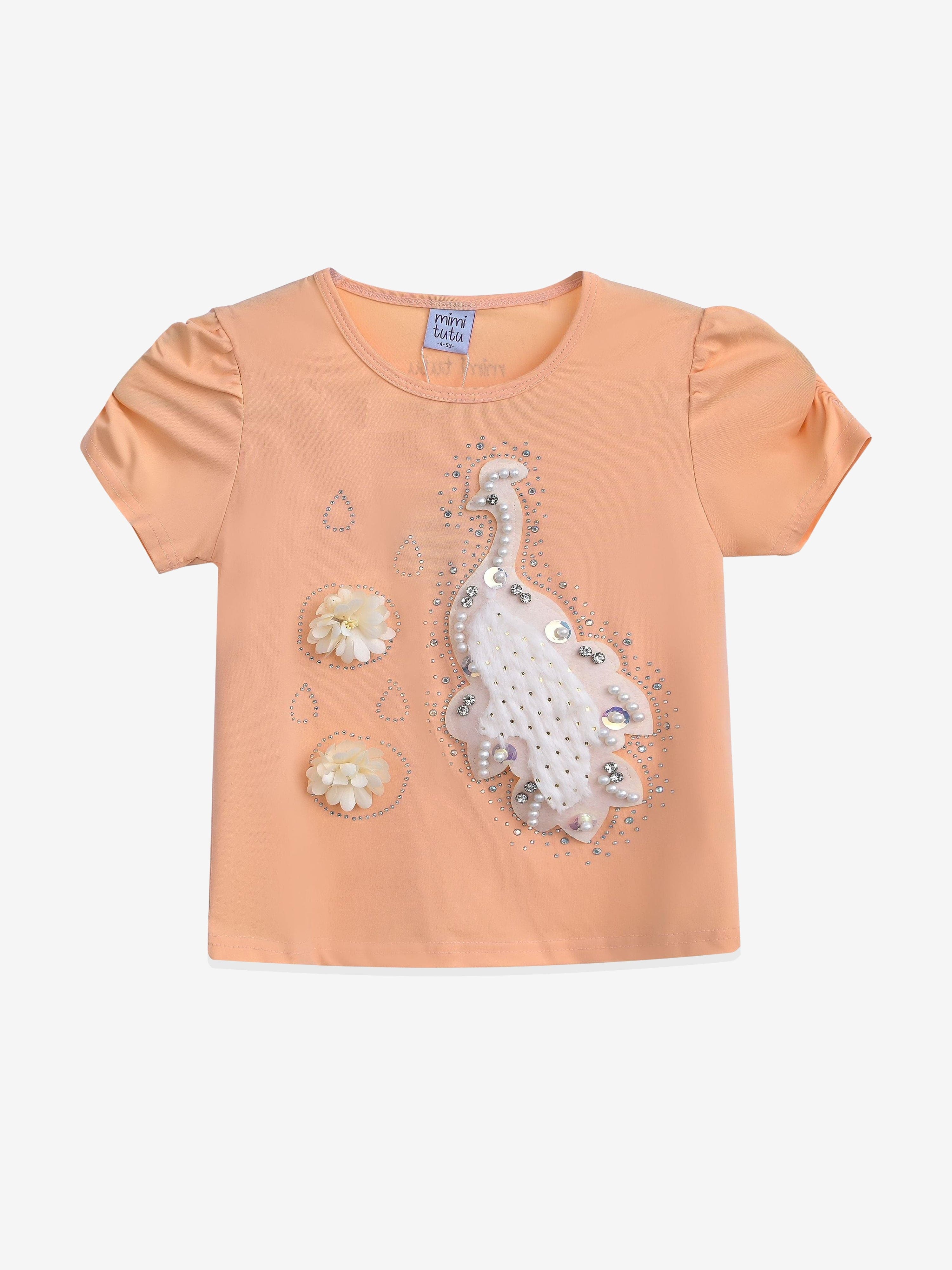 Peach Peacock Applique T-Shirt