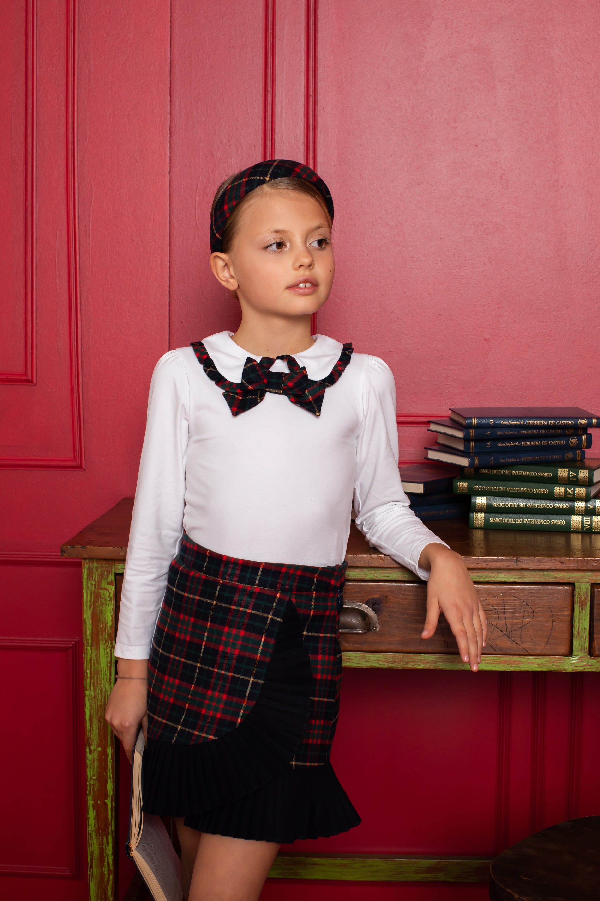 Patachou Girls Long Sleeve Tartan Bow T-Shirt in White