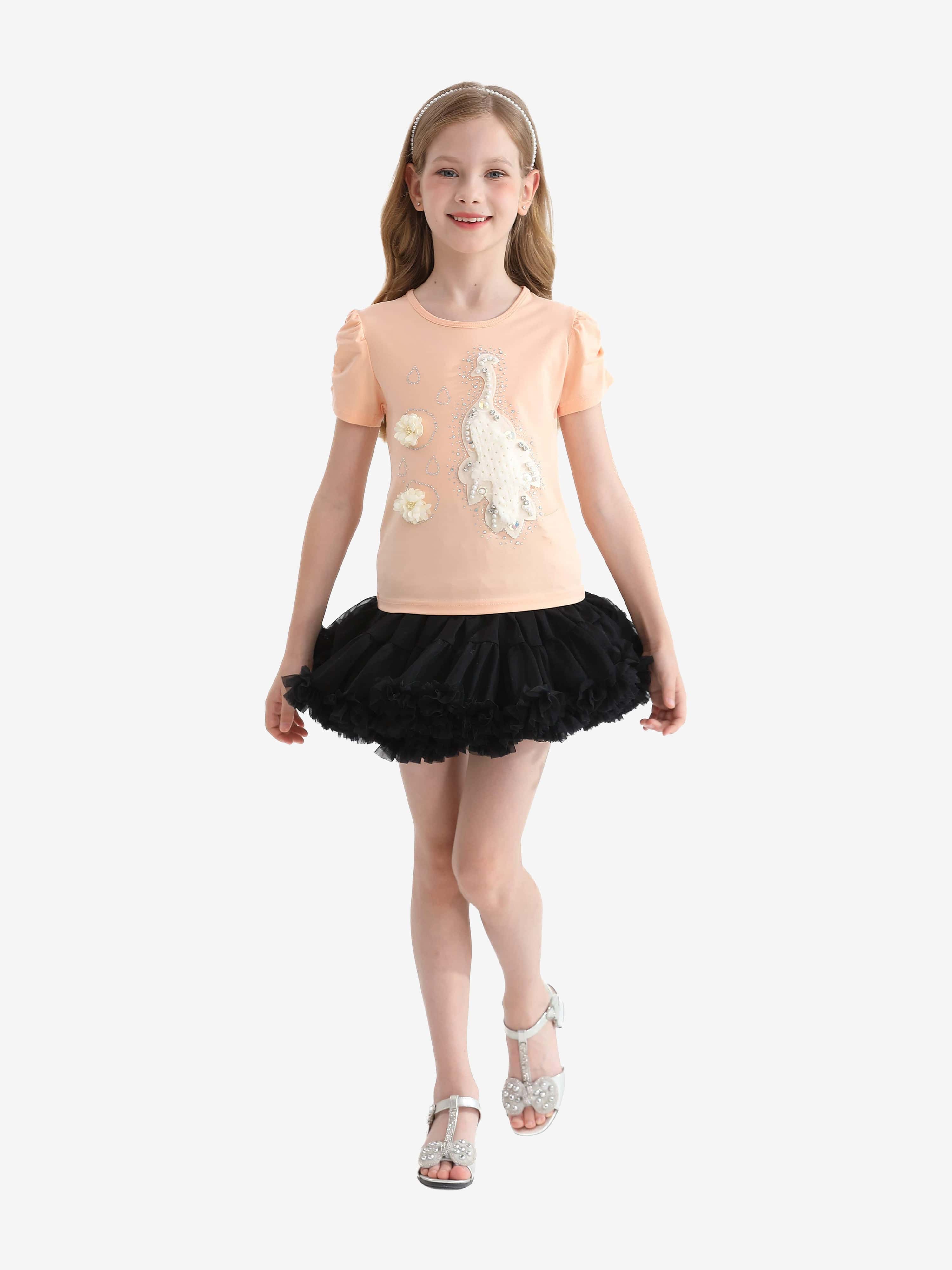 Peach Peacock Applique T-Shirt