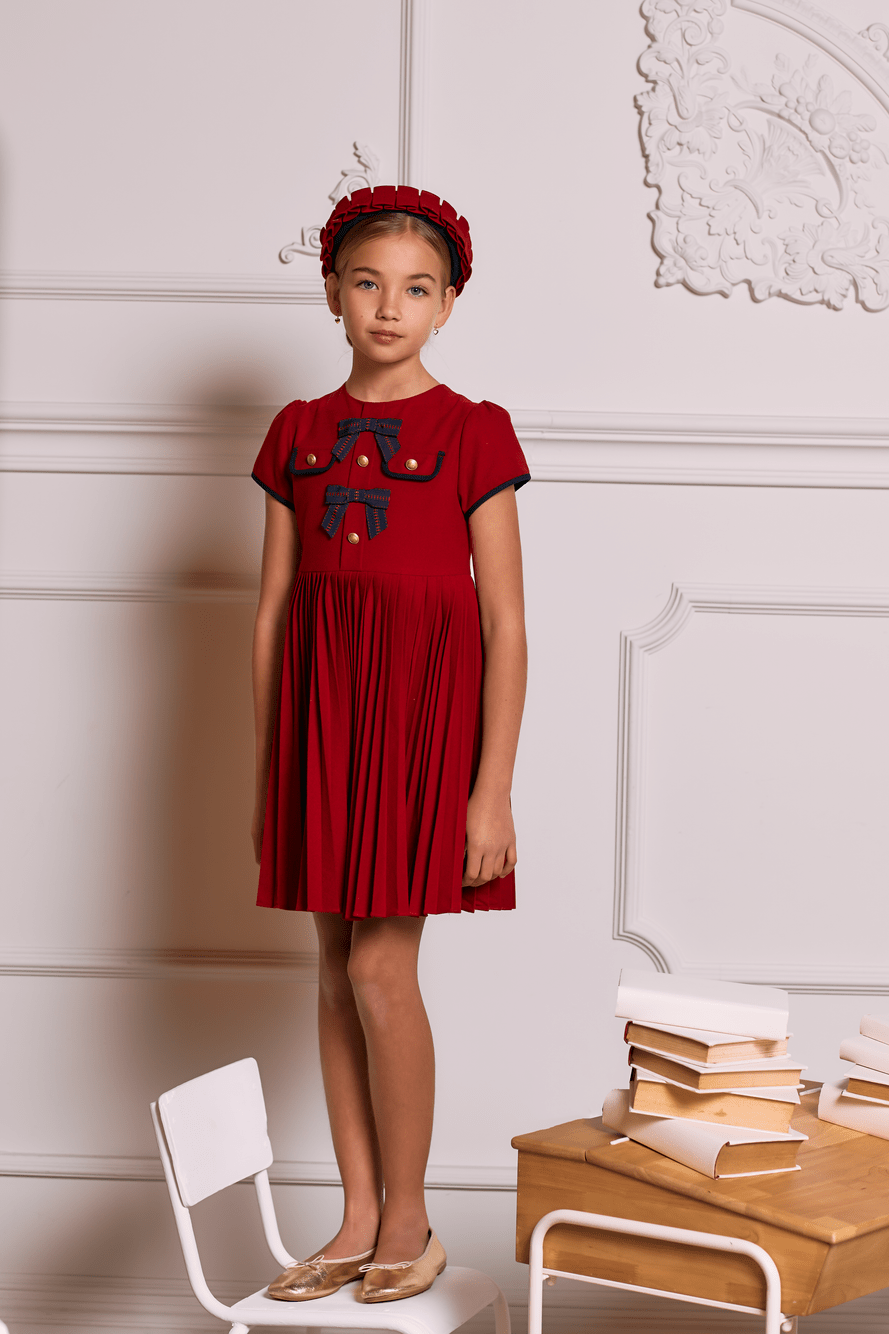 Girls Pleated Bow Dress in Red