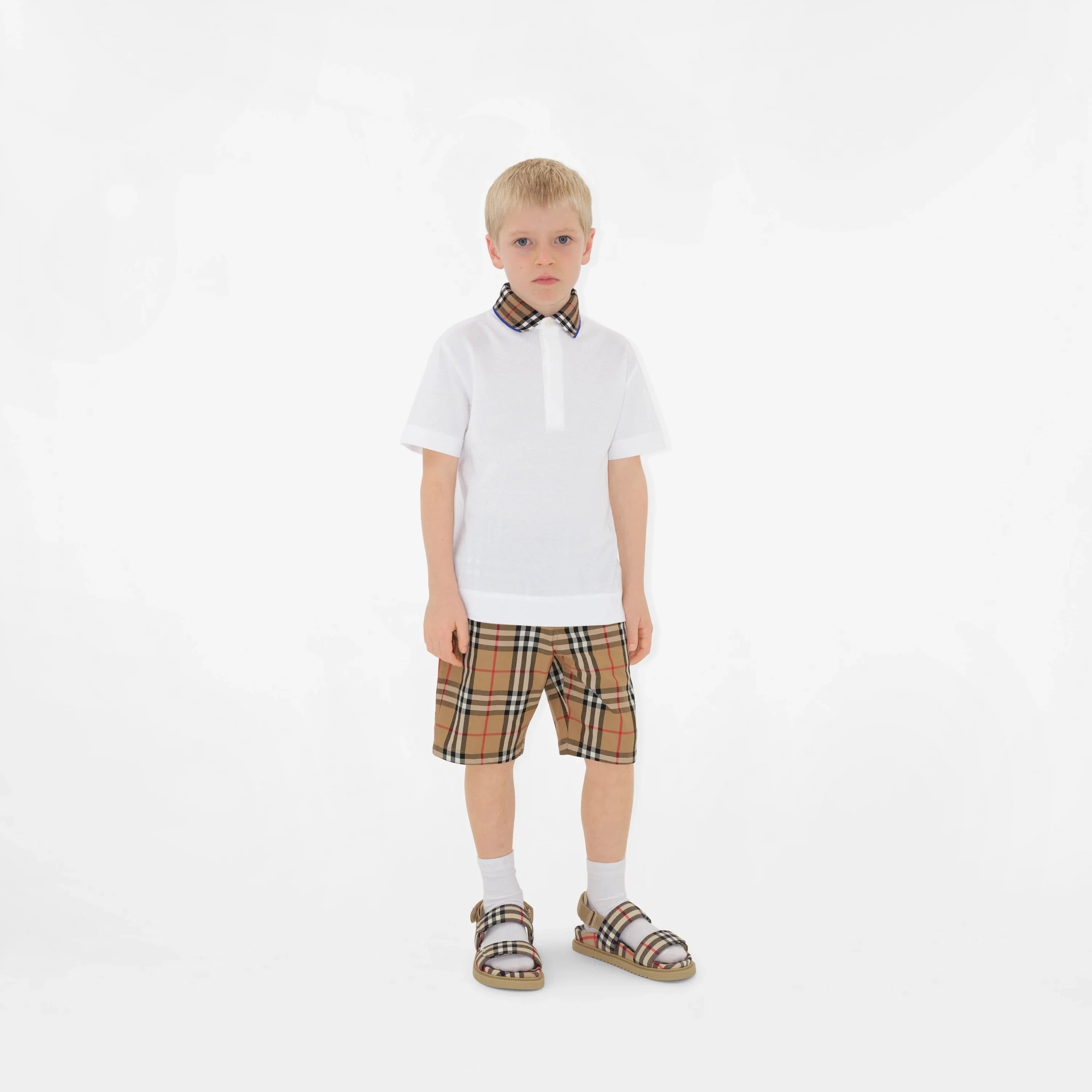 Burberry Boys Check Collar Johane Polo Shirt in White