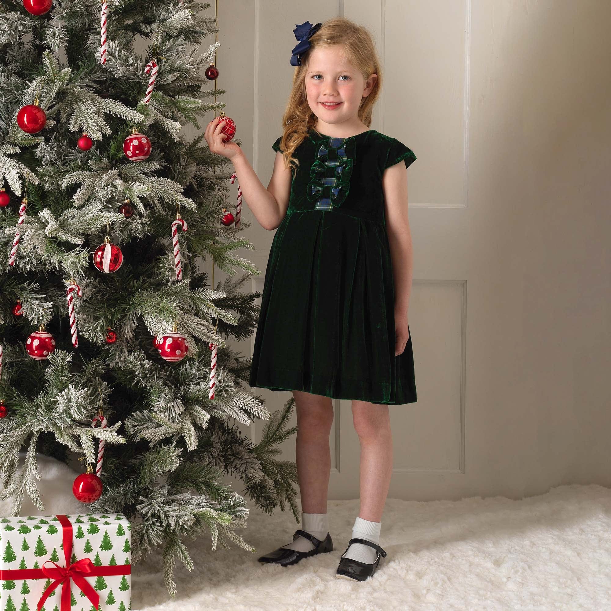 Rachel Riley Girls Tartan Bow Velvet Dress in Green