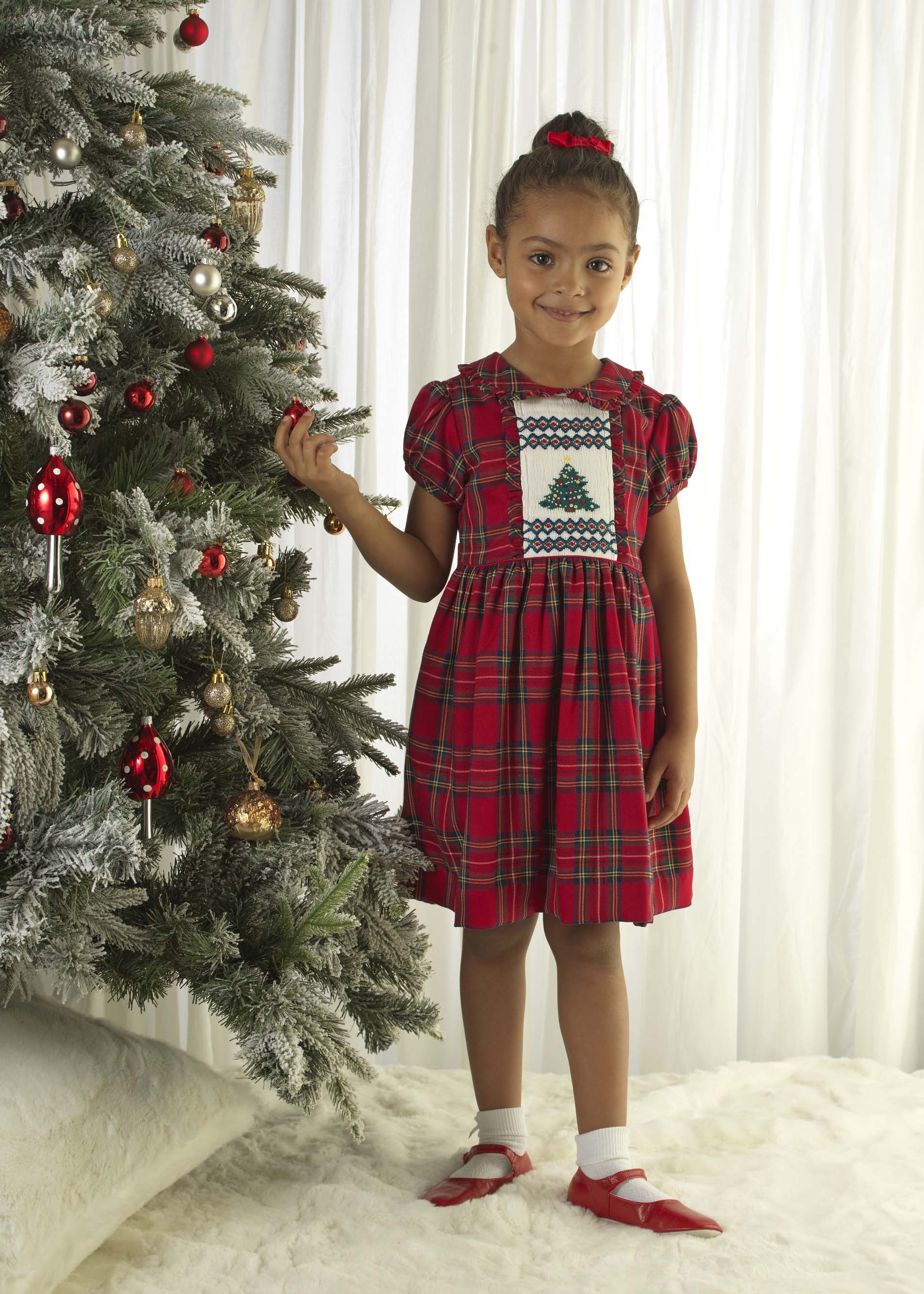 Rachel Riley Girls Christmas Tree Smocked Dress in Red