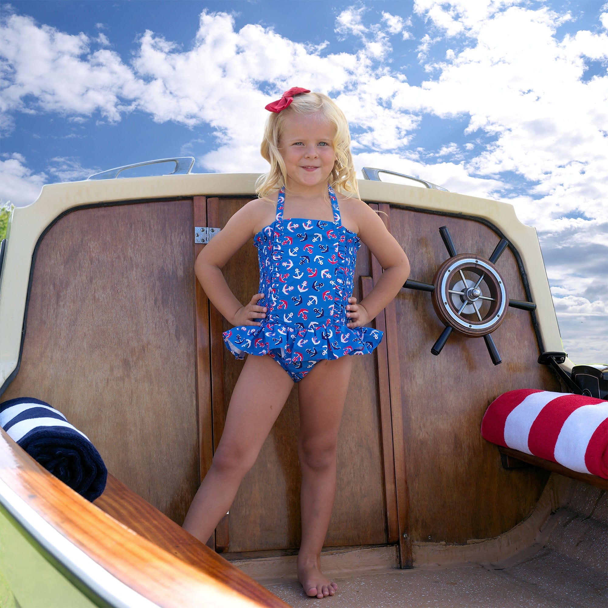 Rachel Riley Girls Anchor Ruched Swimsuit in Blue