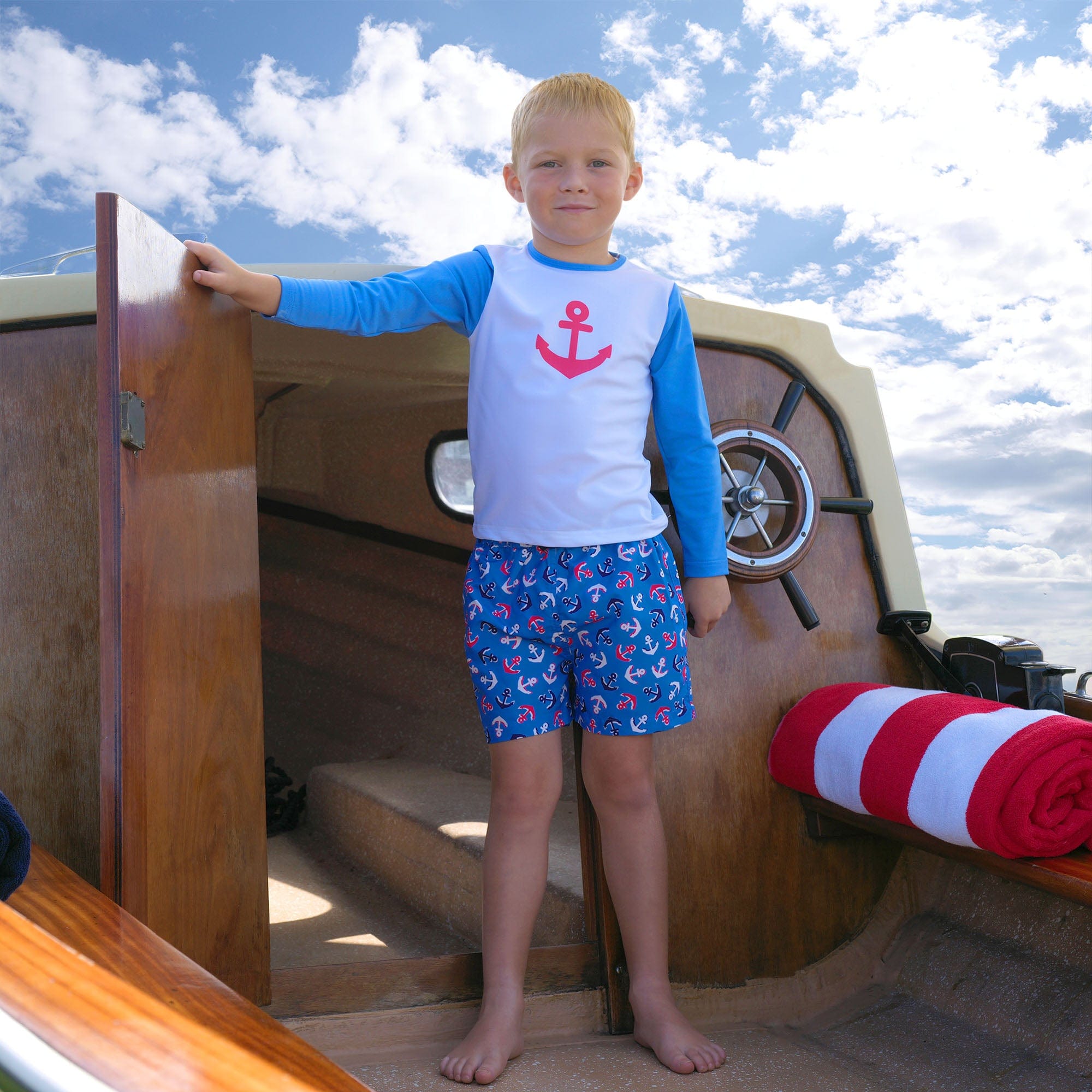 Rachel Riley Boys Anchor Swim Shorts in Blue