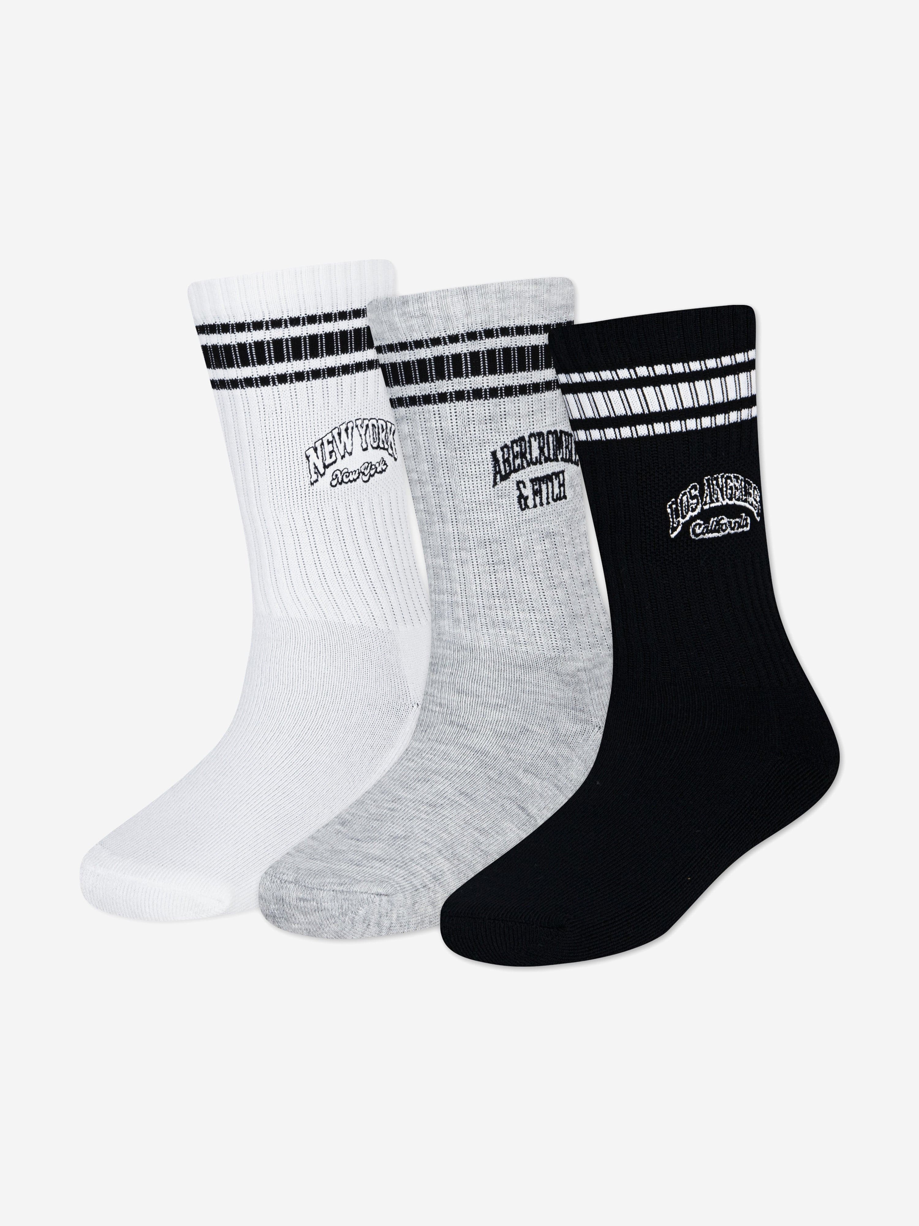Abercrombie & Fitch Boys Varsity 3 Pack Crew Socks Set in White