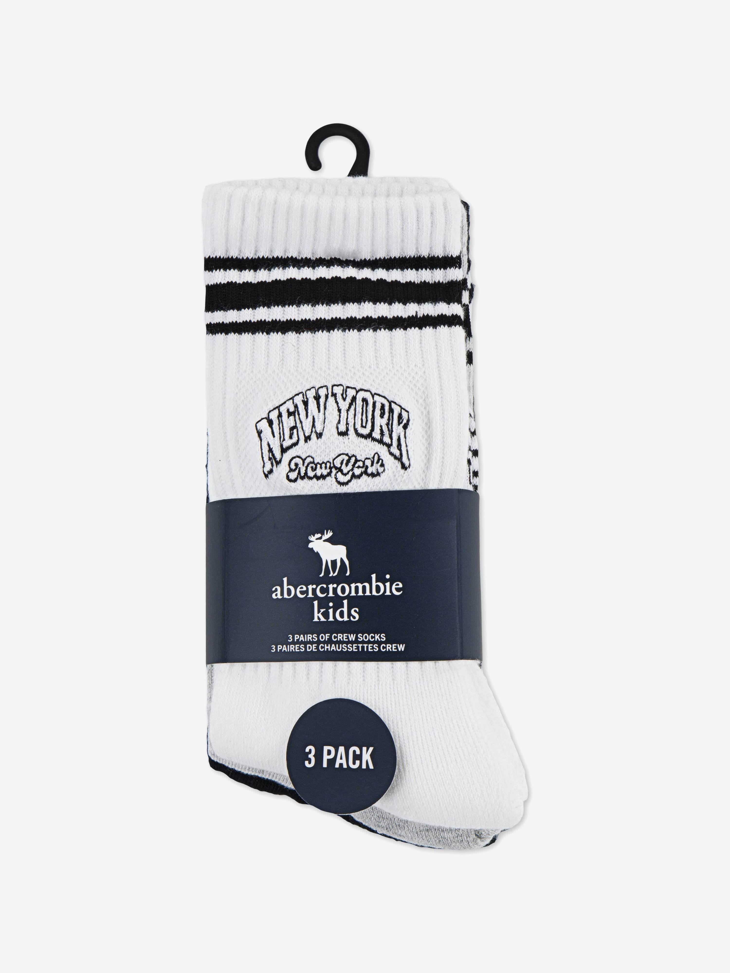 Abercrombie & Fitch Boys Varsity 3 Pack Crew Socks Set in White