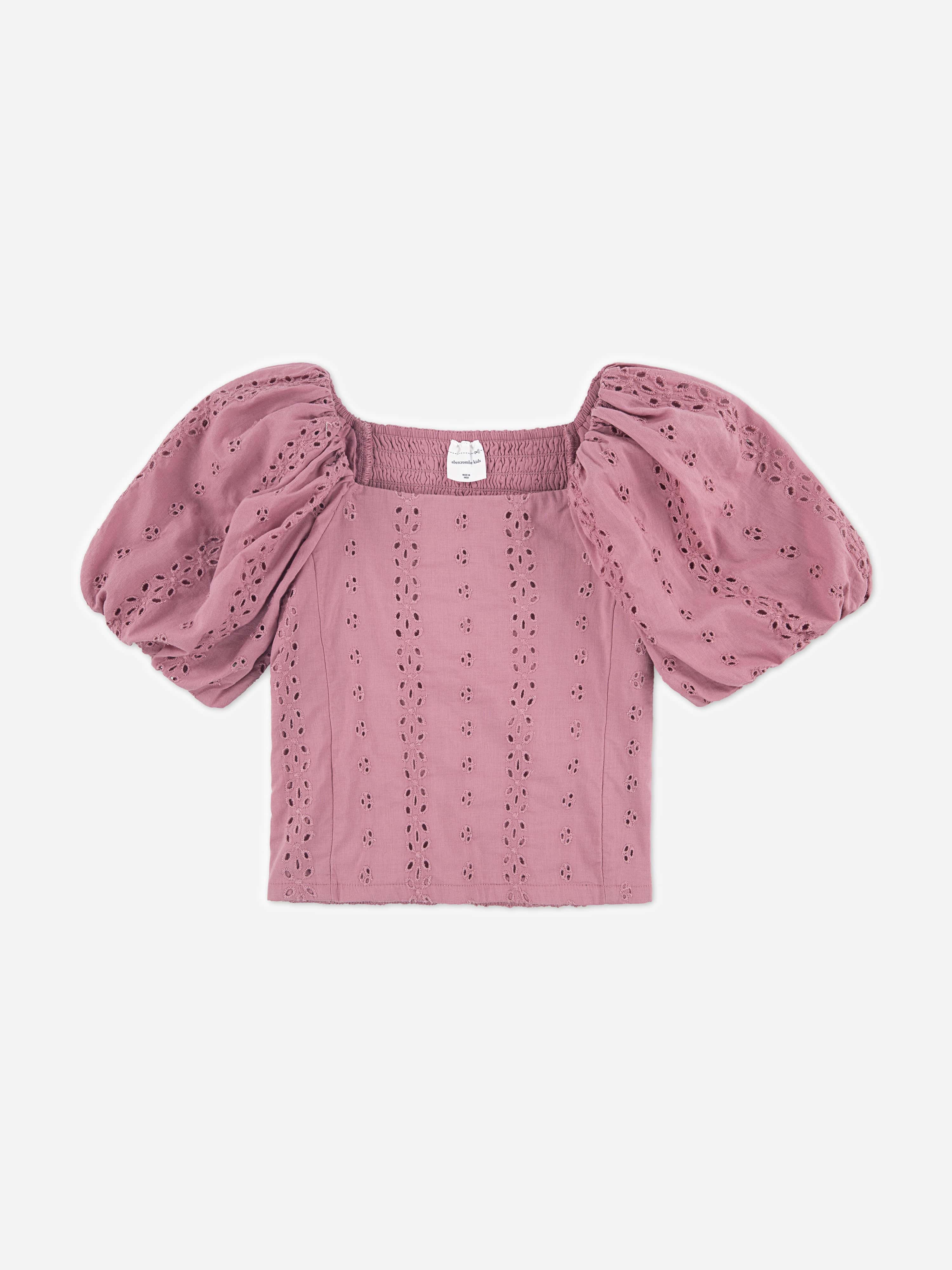 Abercrombie & Fitch Girls Puff Sleeve Eyelet Top in Pink