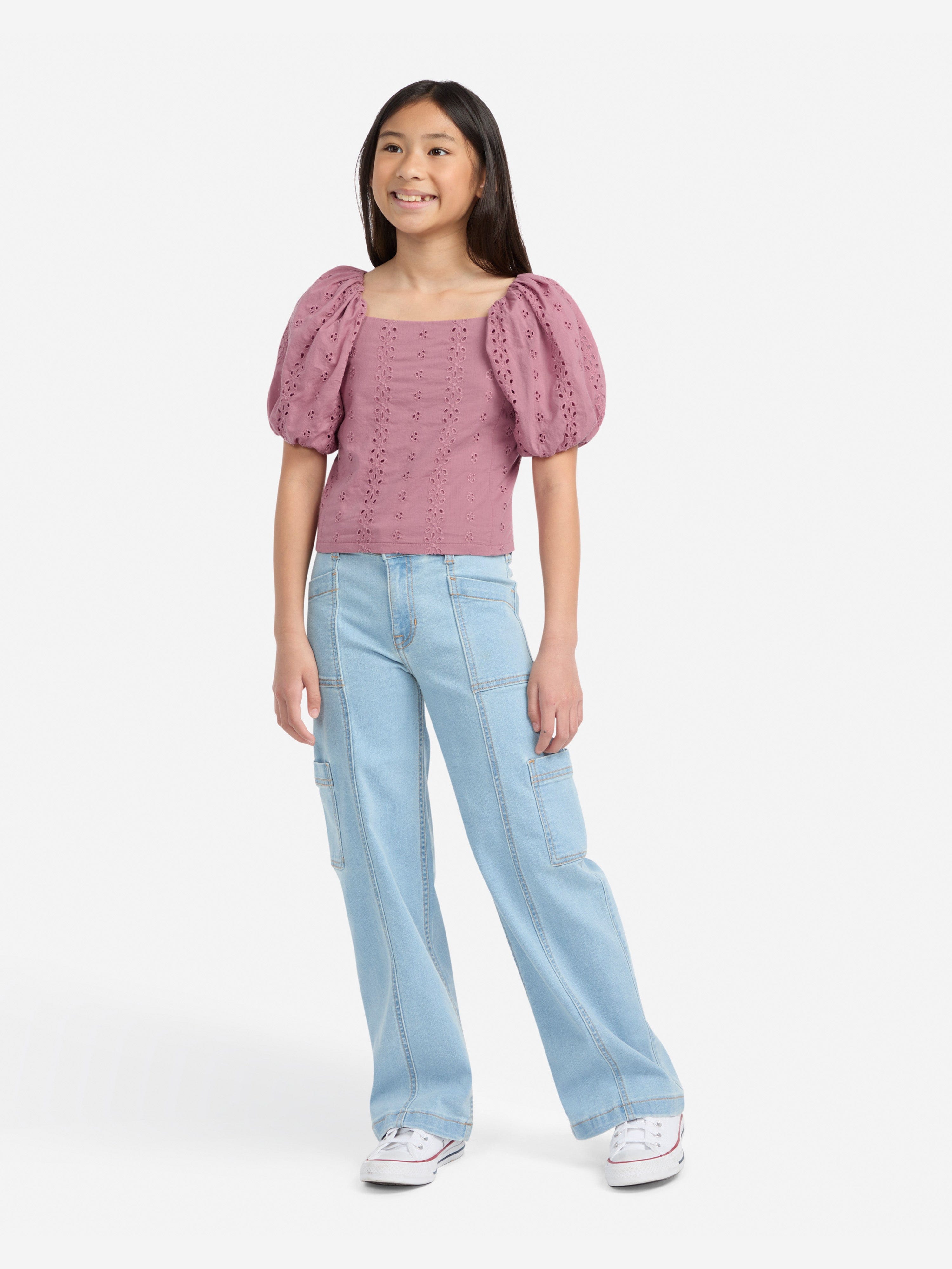 Abercrombie & Fitch Girls Puff Sleeve Eyelet Top in Pink