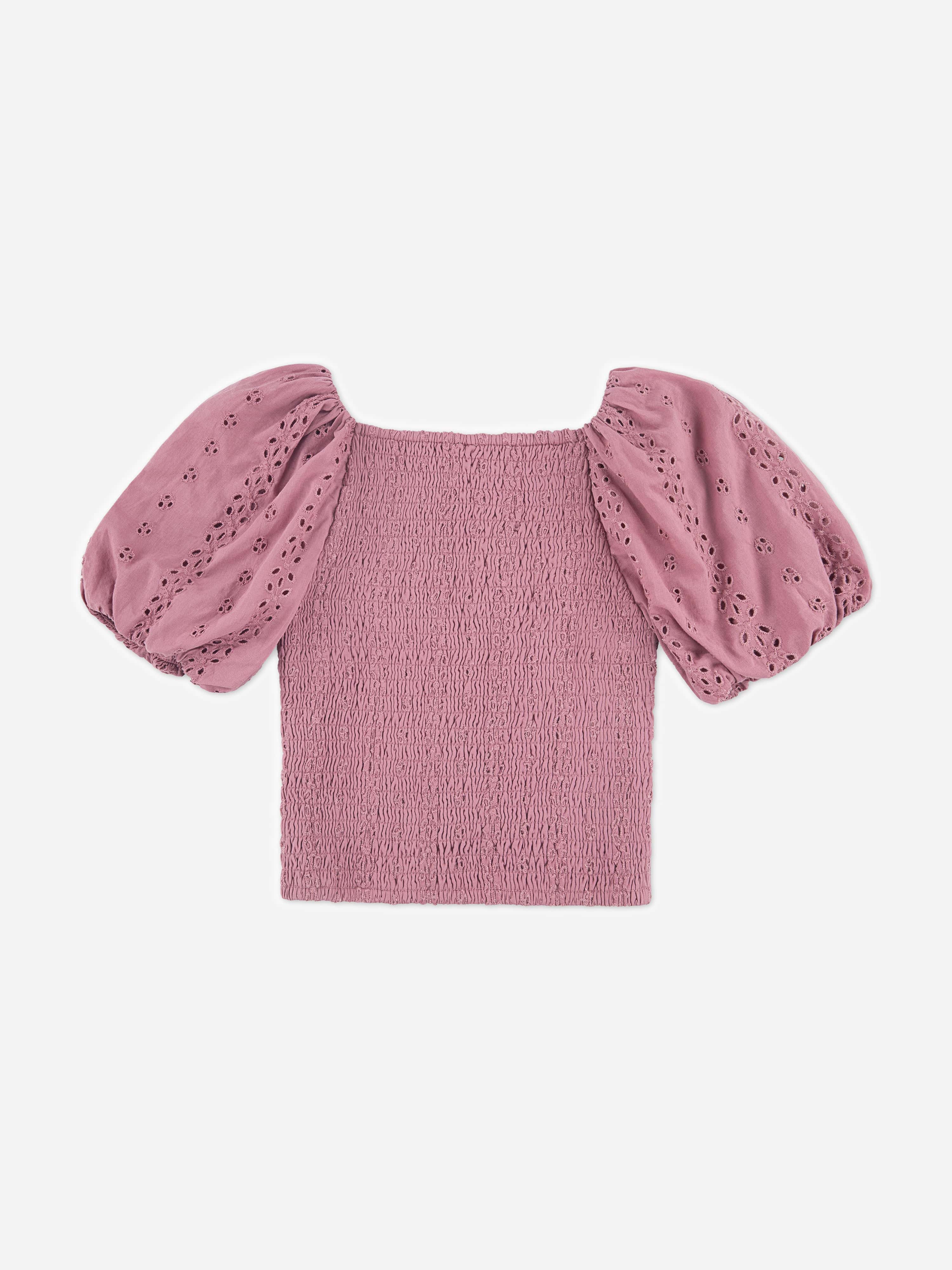 Abercrombie & Fitch Girls Puff Sleeve Eyelet Top in Pink