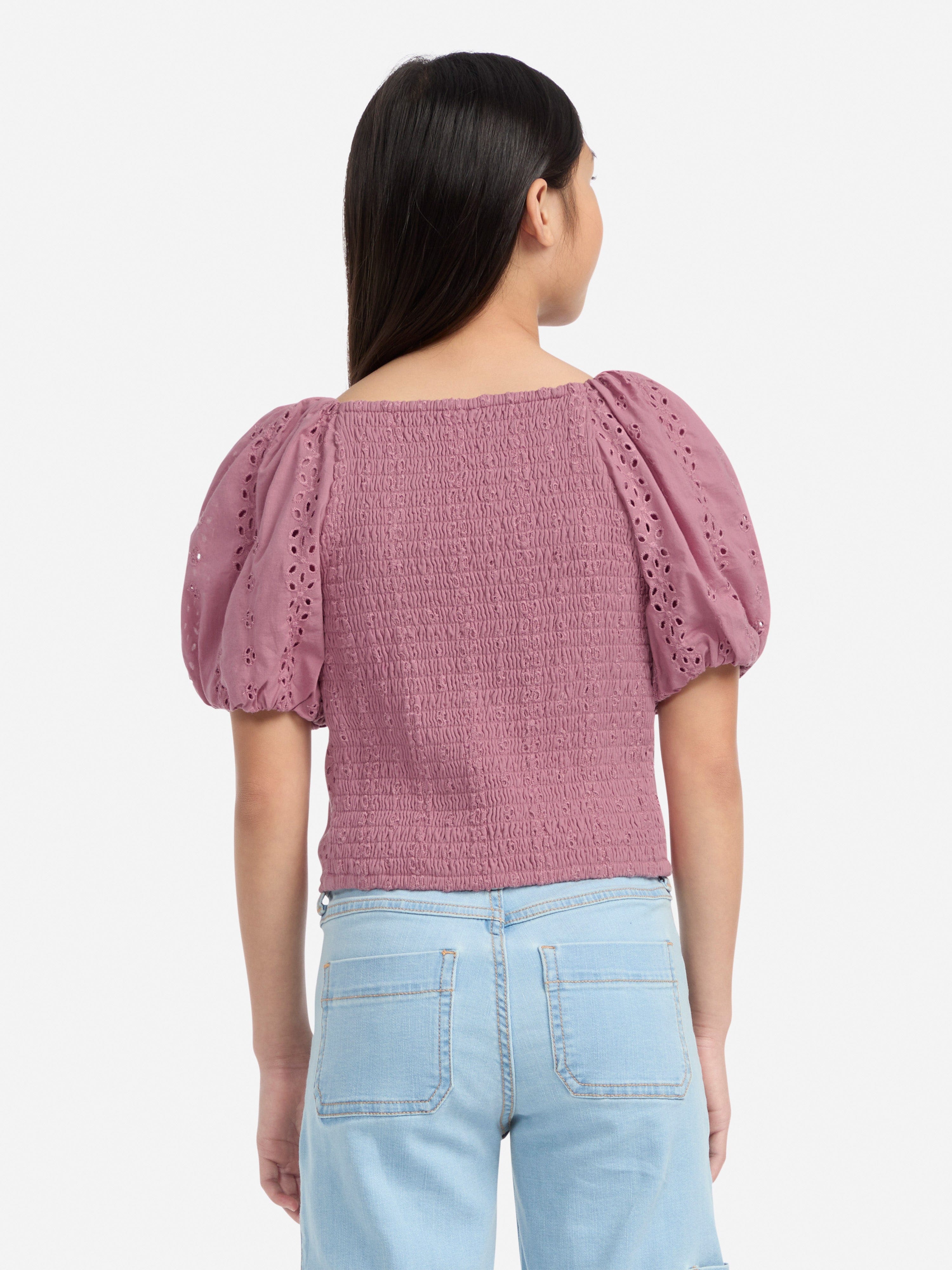 Abercrombie & Fitch Girls Puff Sleeve Eyelet Top in Pink