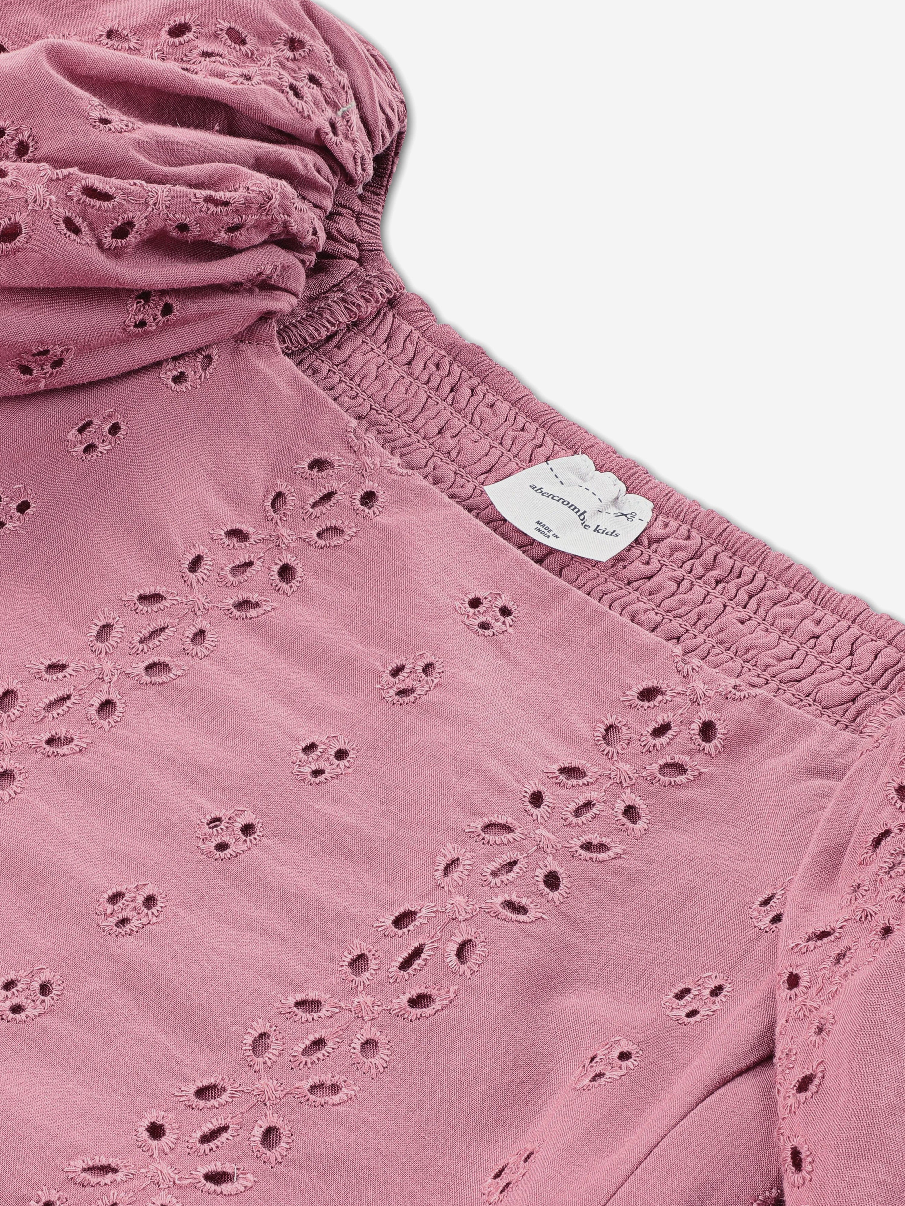 Abercrombie & Fitch Girls Puff Sleeve Eyelet Top in Pink