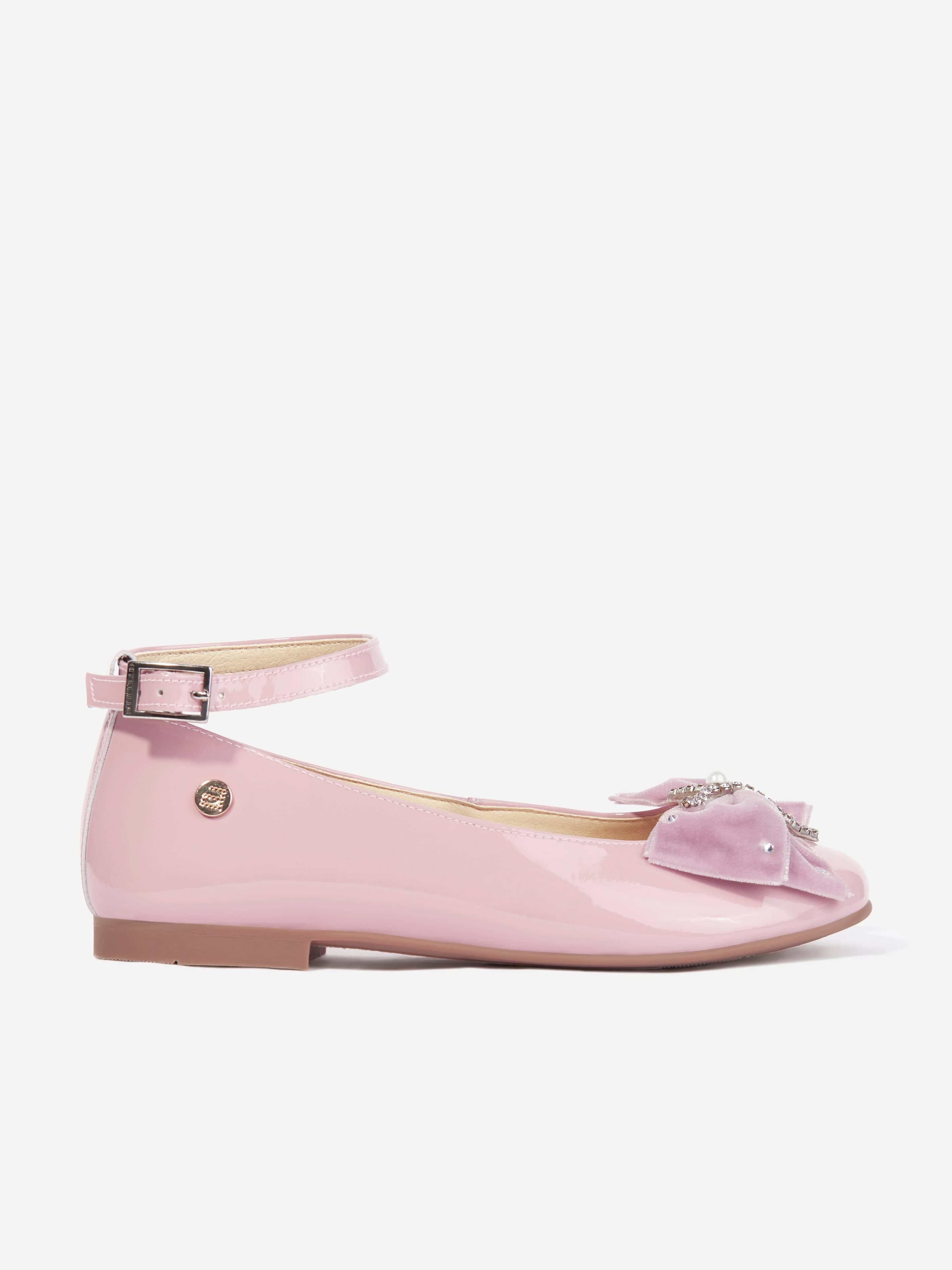 Andanines Girls Patent Leather Bow Ankle Strap Shoes in Pink