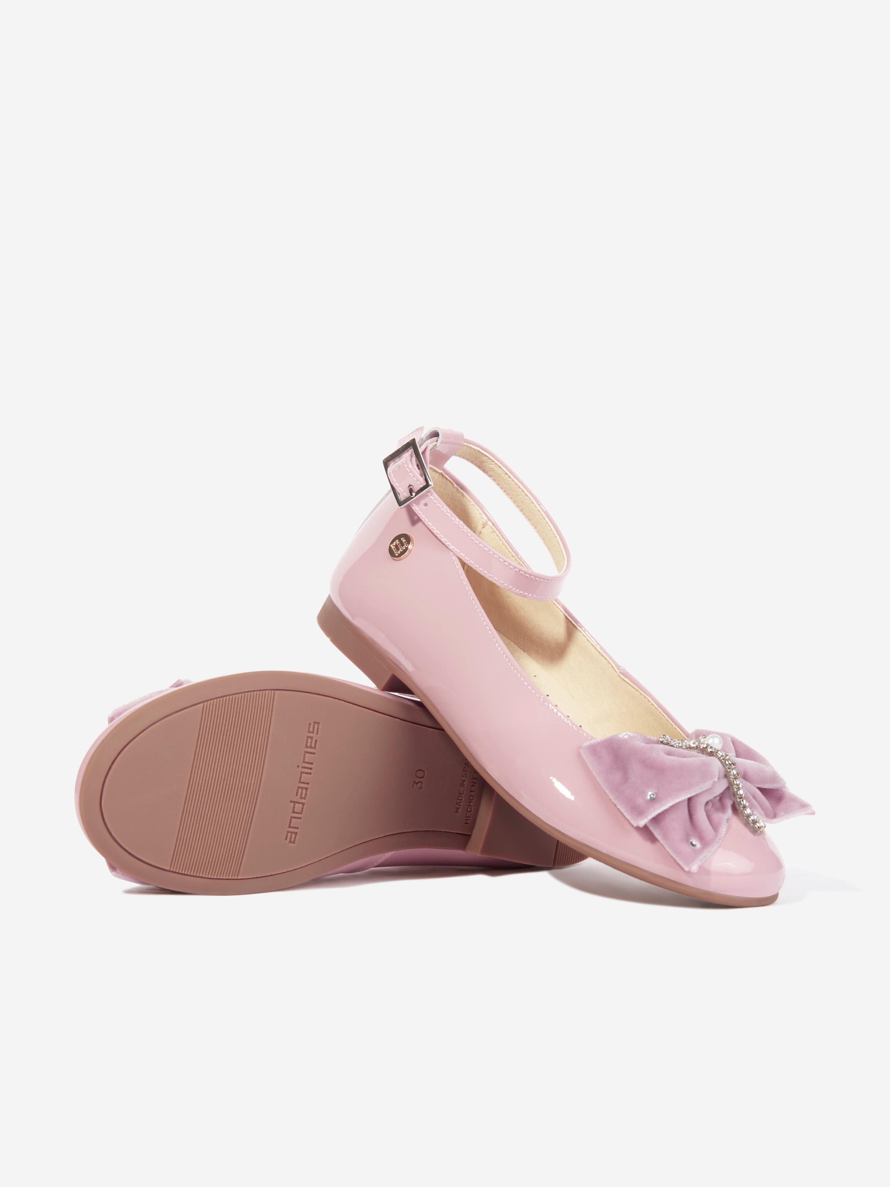 Andanines Girls Patent Leather Bow Ankle Strap Shoes in Pink