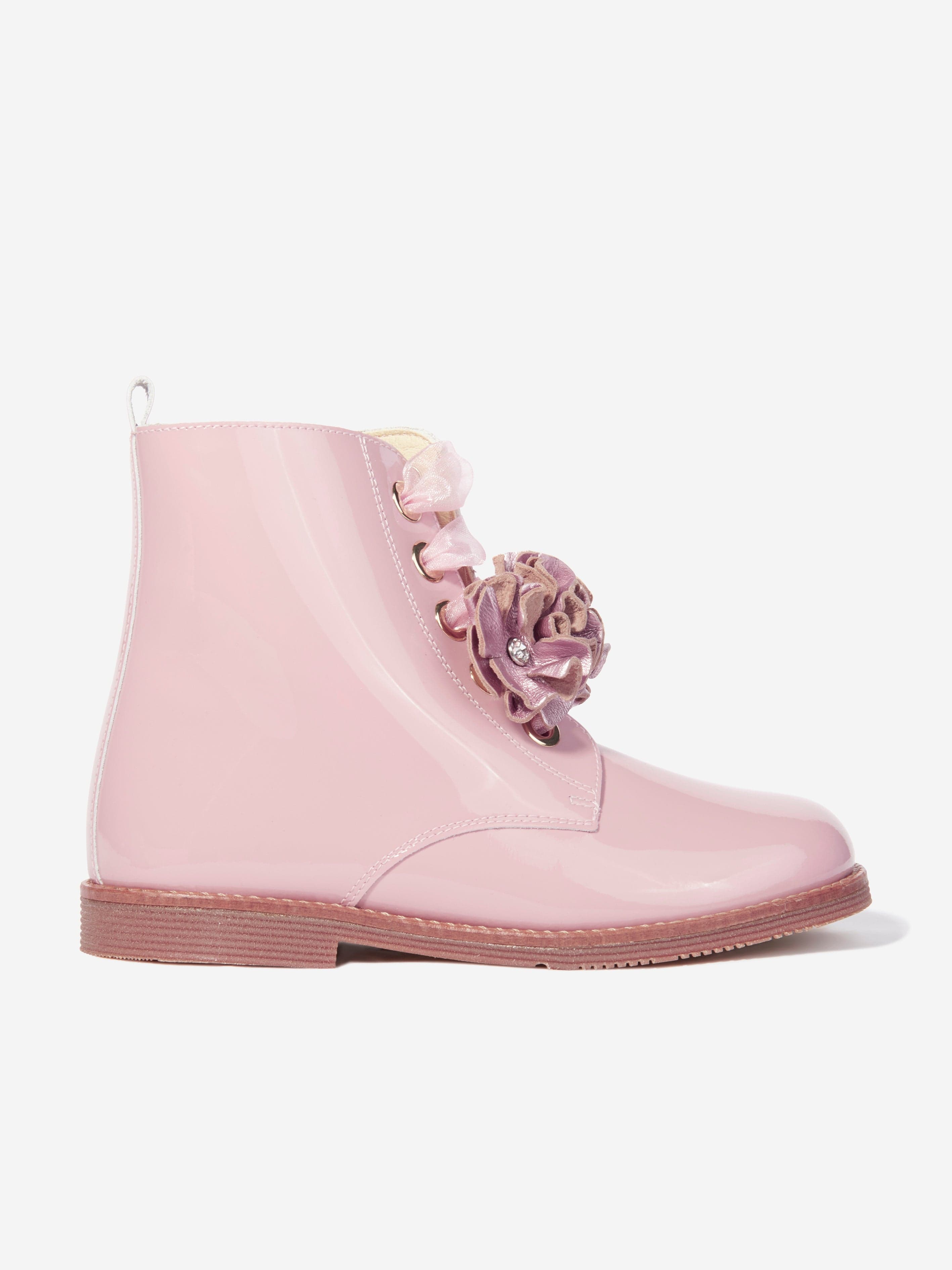 Andanines Girls Patent Leather Flower Boots in Pink