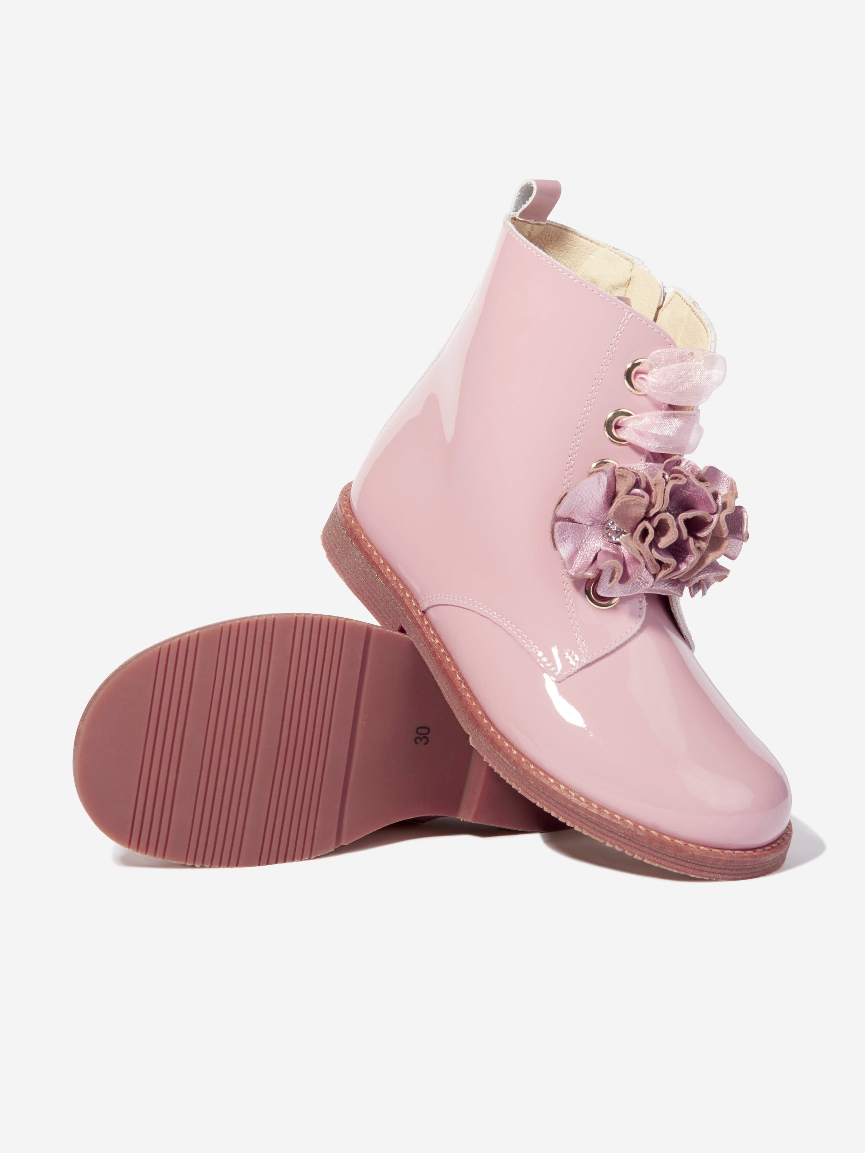 Andanines Girls Patent Leather Flower Boots in Pink