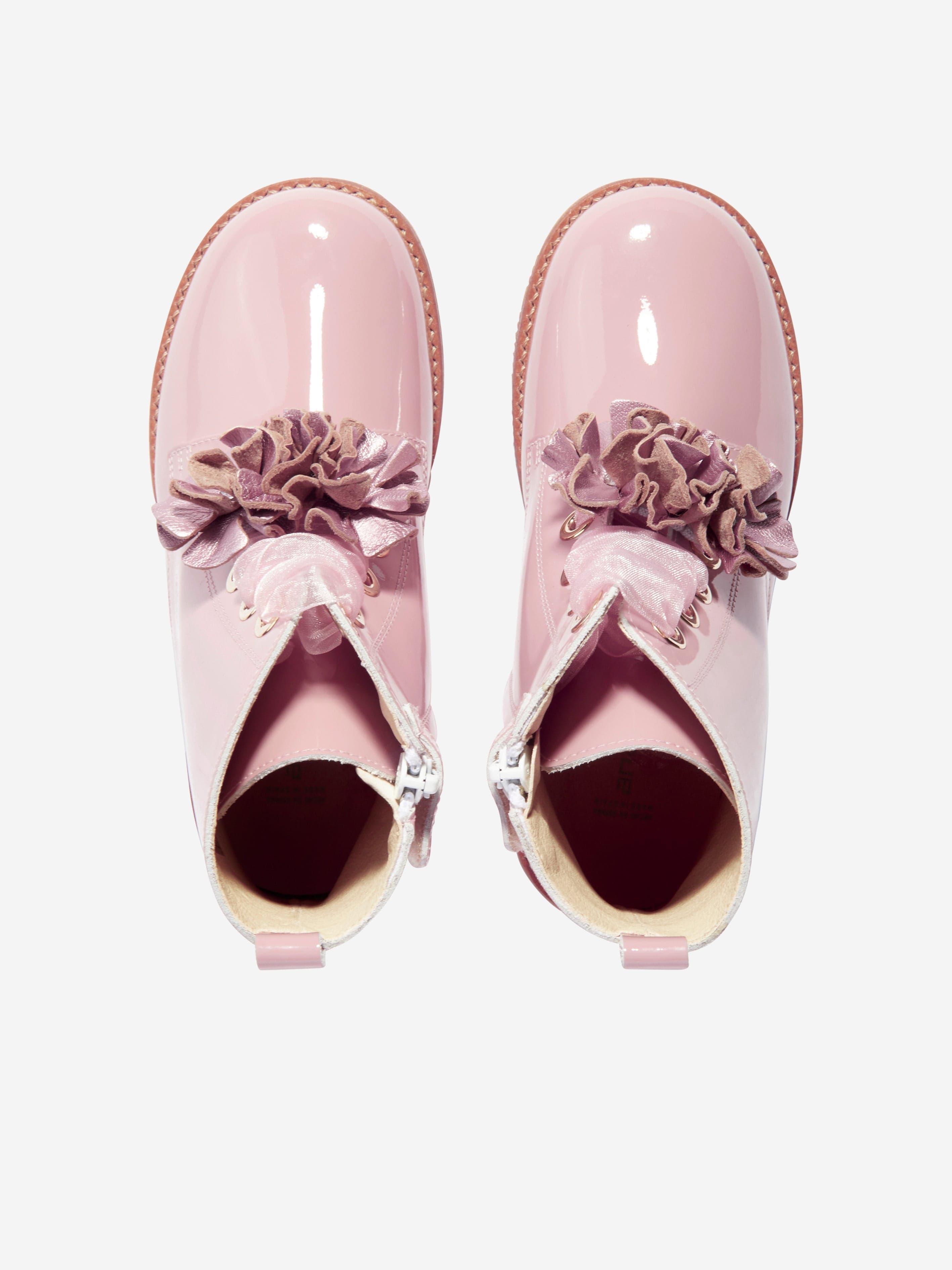 Andanines Girls Patent Leather Flower Boots in Pink