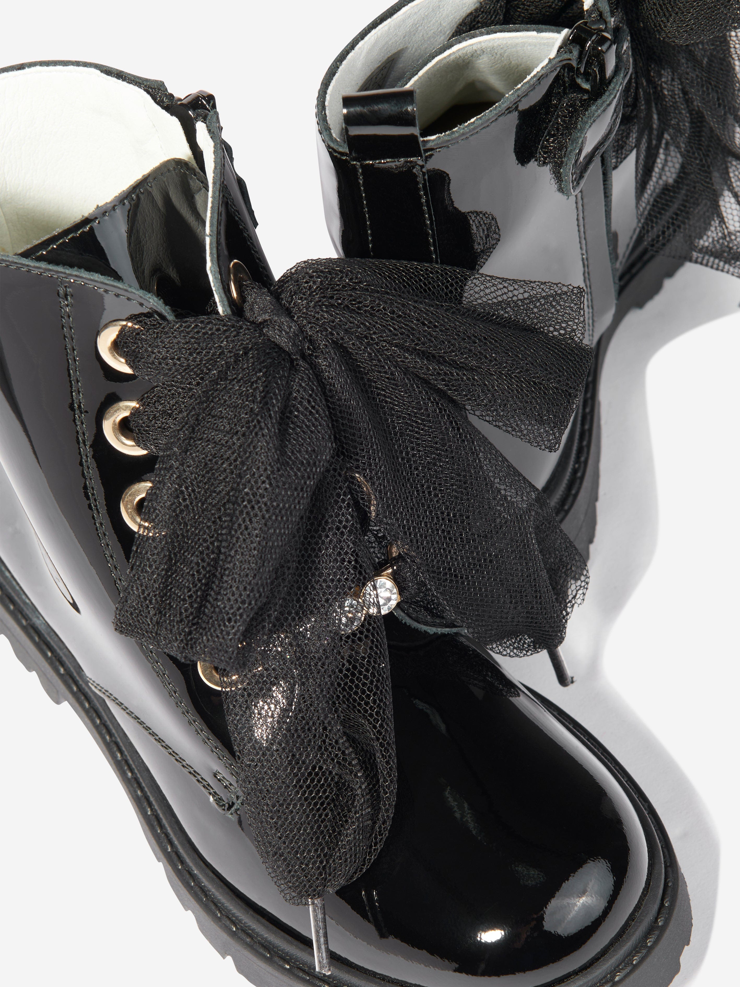 Andanines Girls Leather Lace Up Boots in Black