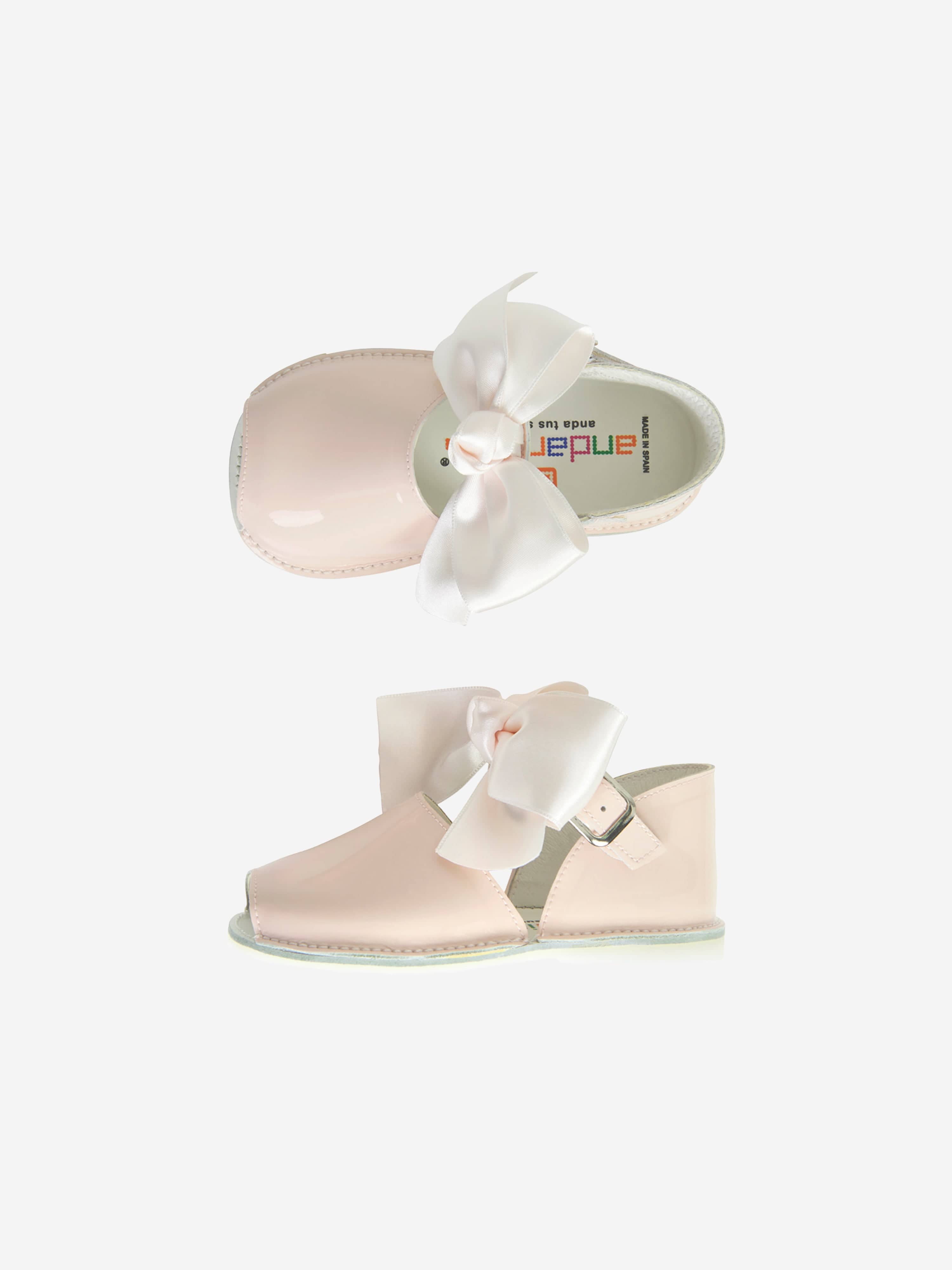 Andanines Baby Girls Patent Leather Open Toe Bow Shoes in Pink