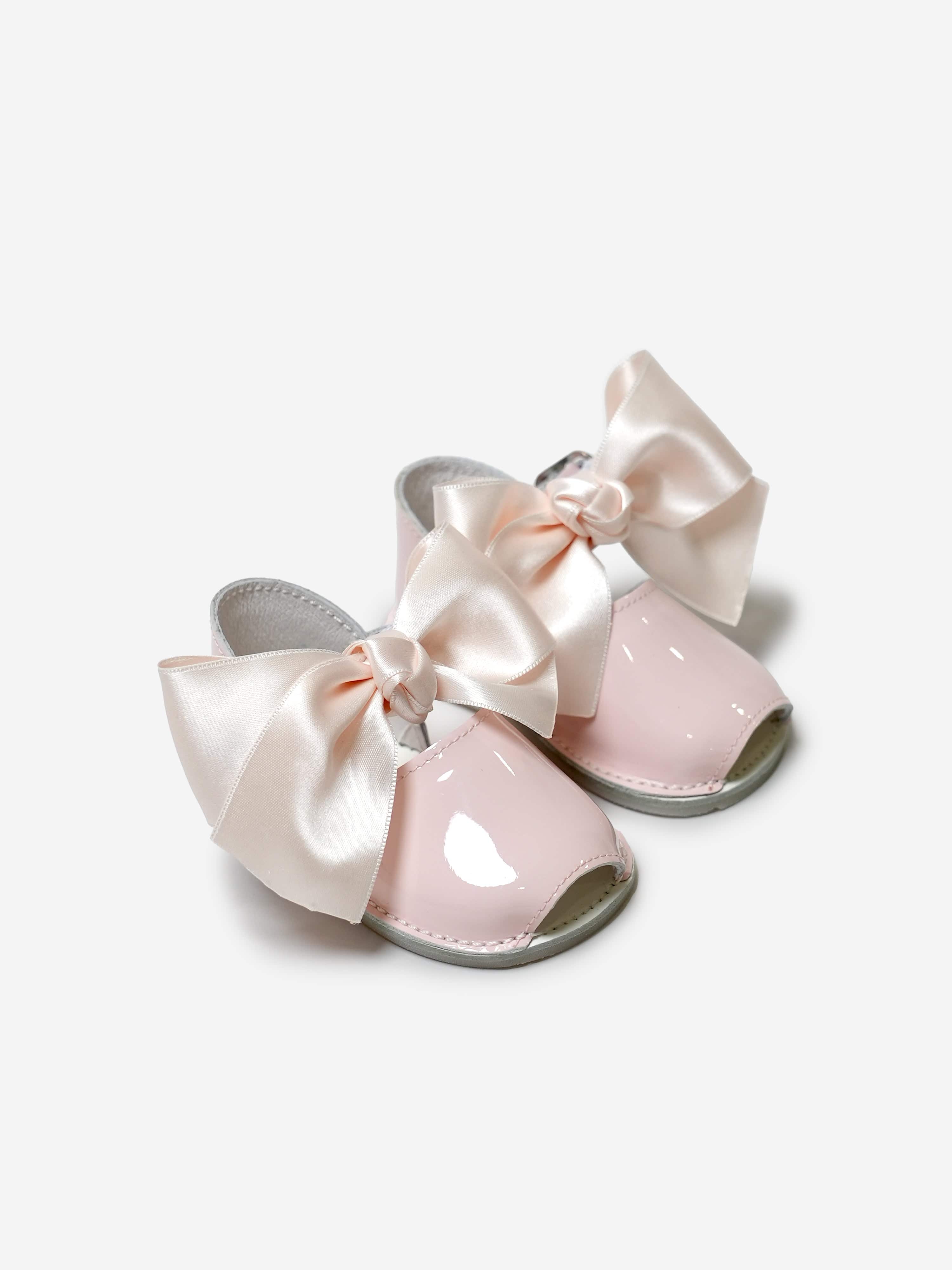 Andanines Baby Girls Patent Leather Open Toe Bow Shoes in Pink