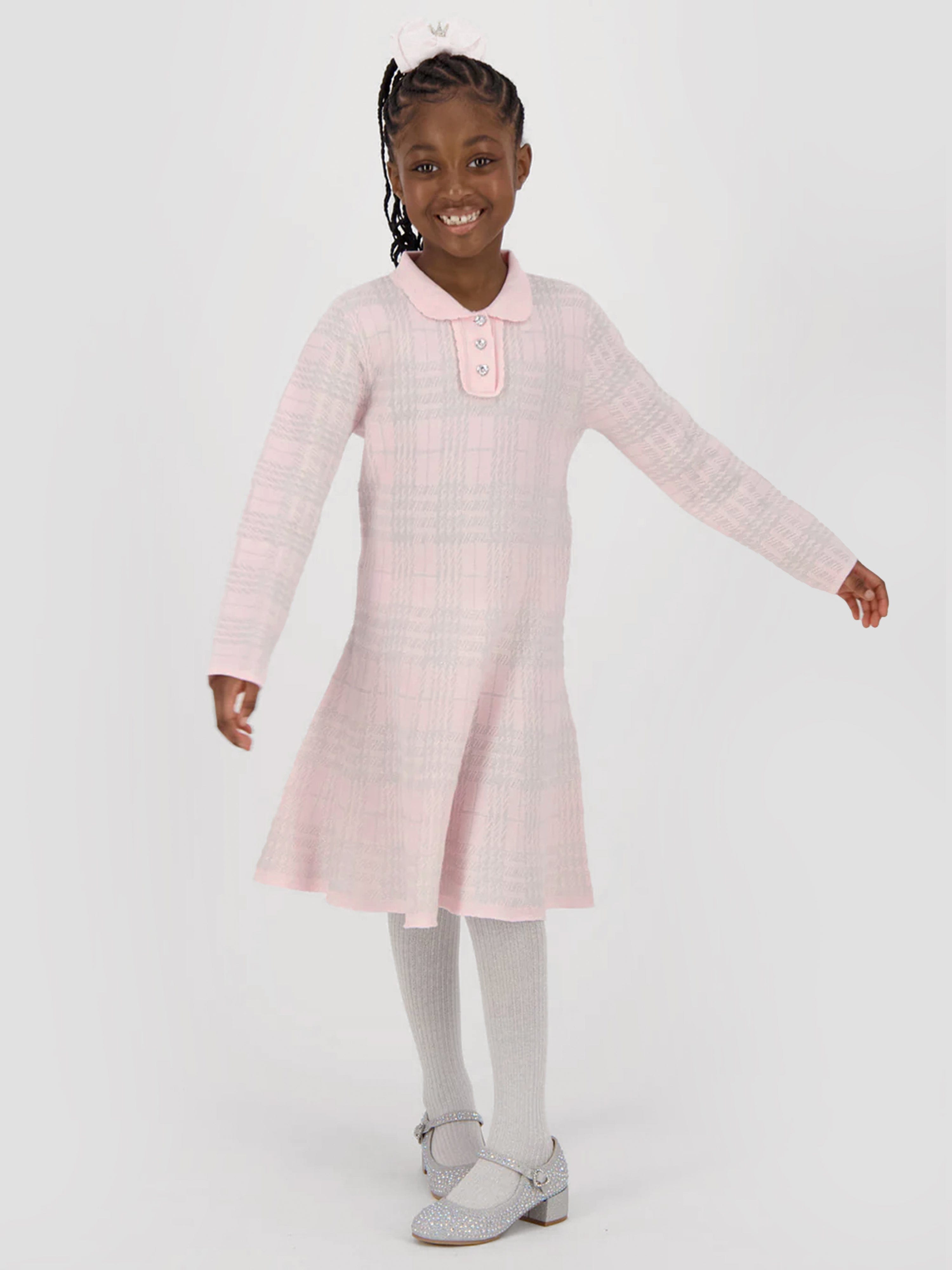 Girls Amina Check Knitted Dress in Pink