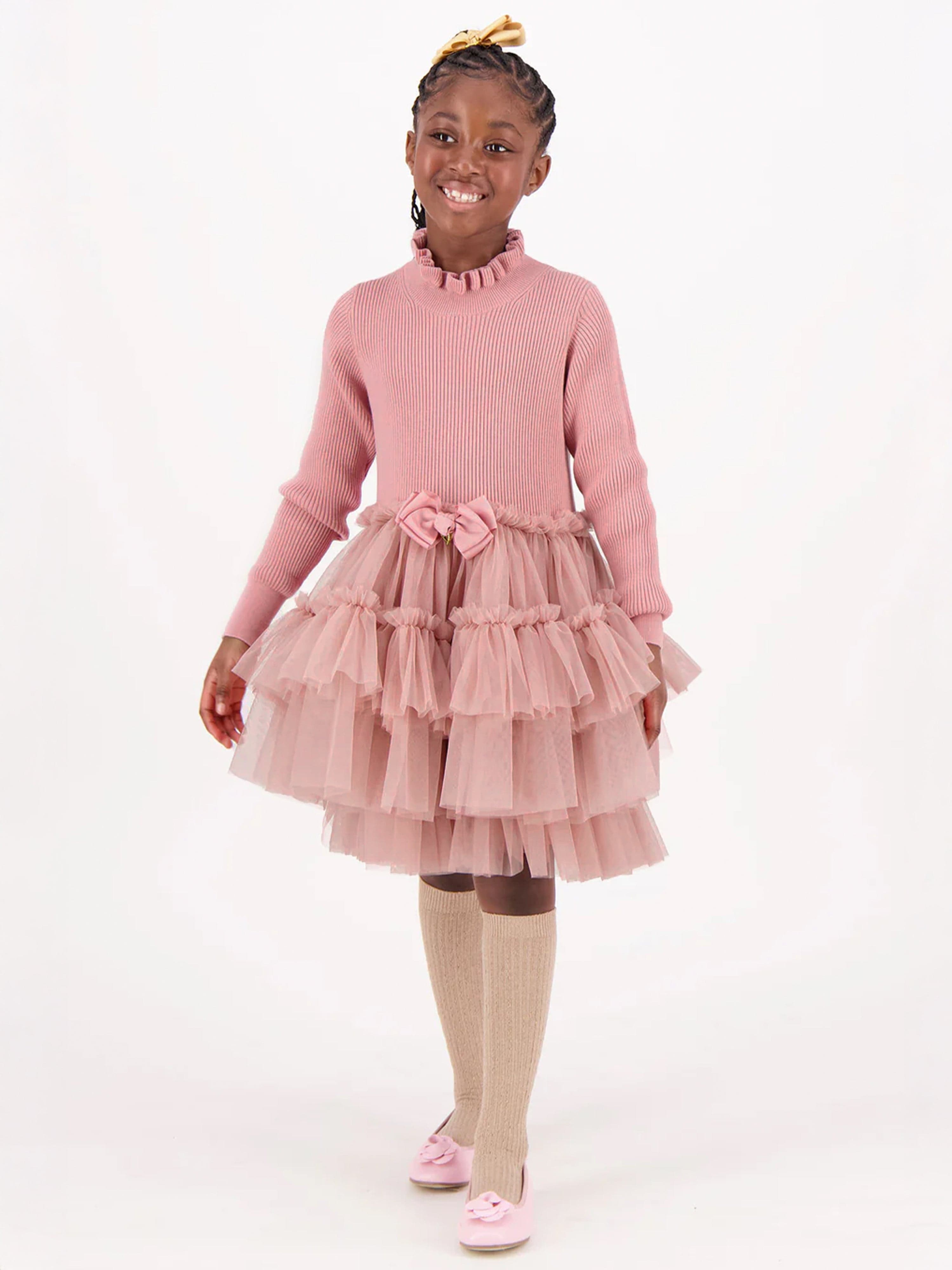 Girls Elin Knit and Tulle Dress in Pink