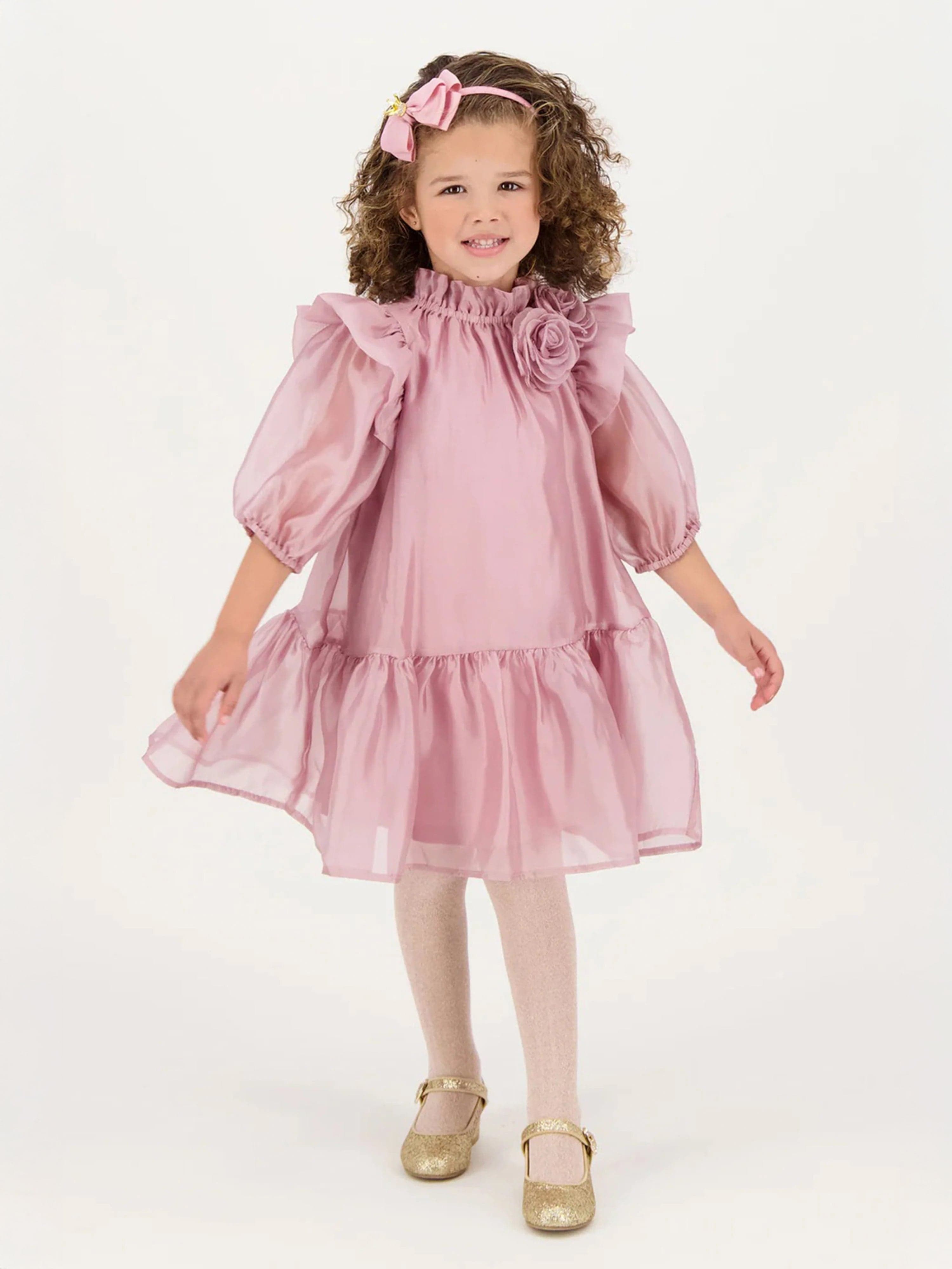 Girls Lark Rose Trim Dress in Pink