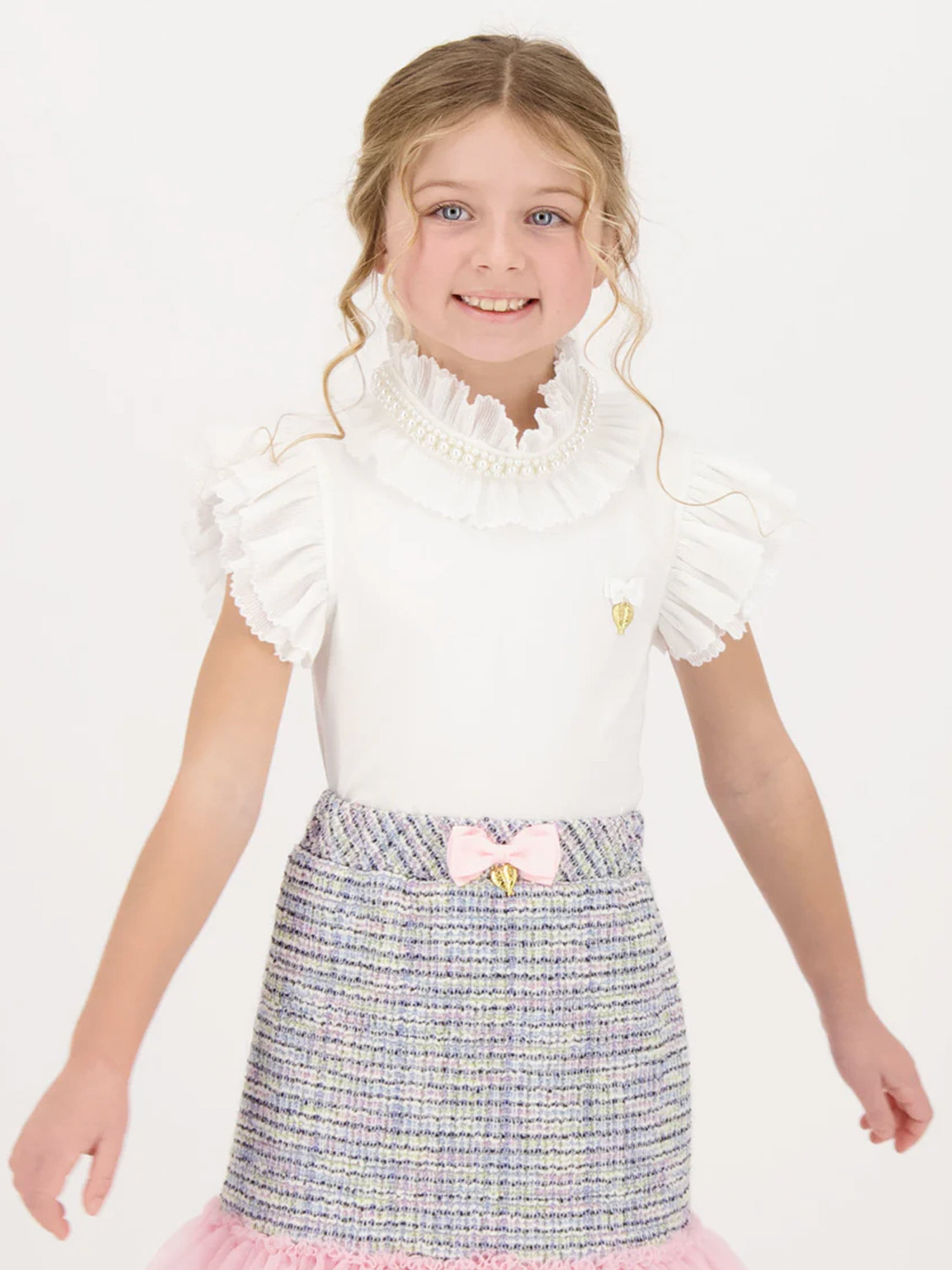 Girls Pearlee Pleated Pearl Collar Top in White