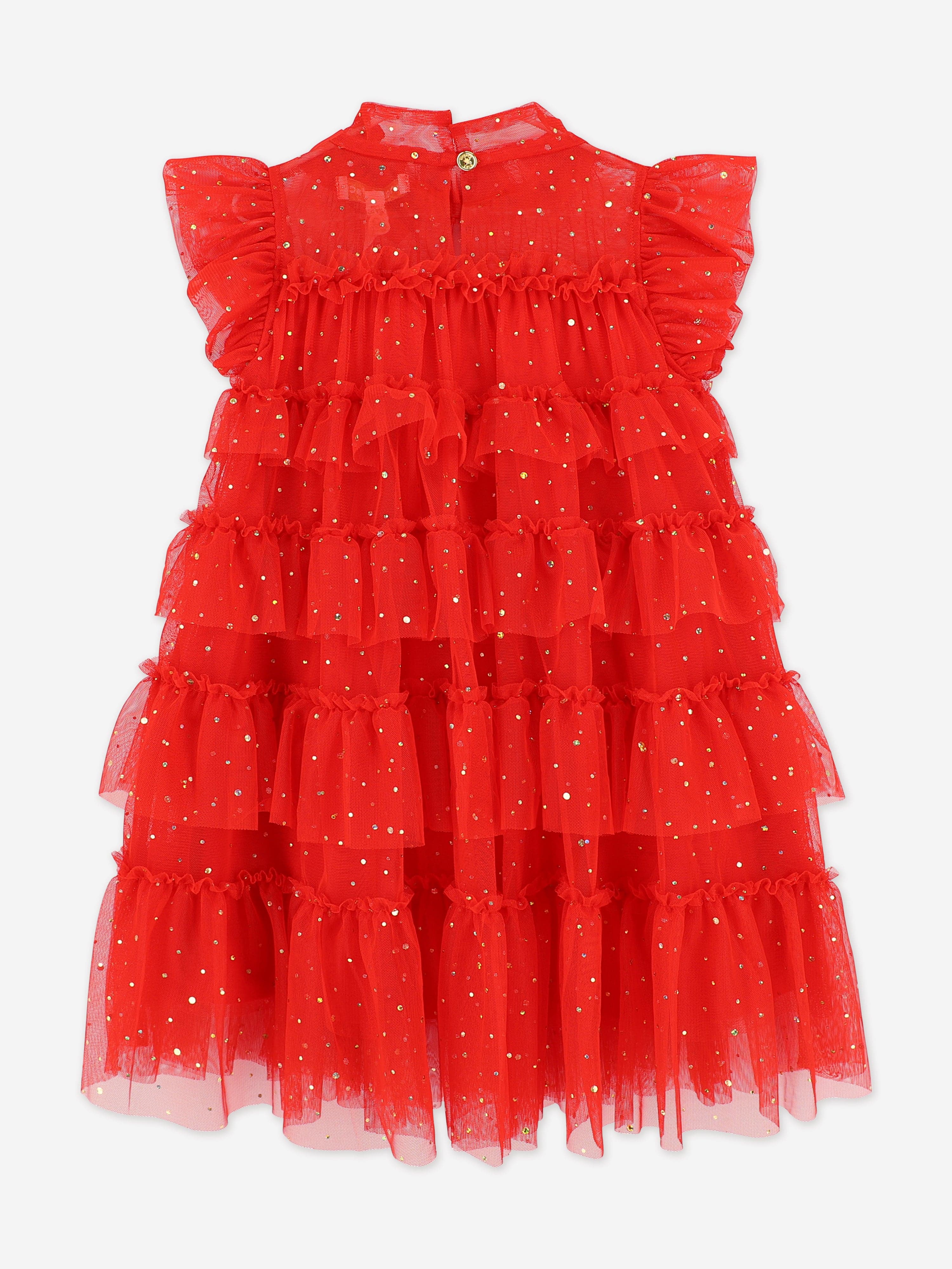 Angels Face Girls Mitzi Gold Dot Tiered Dress in Red