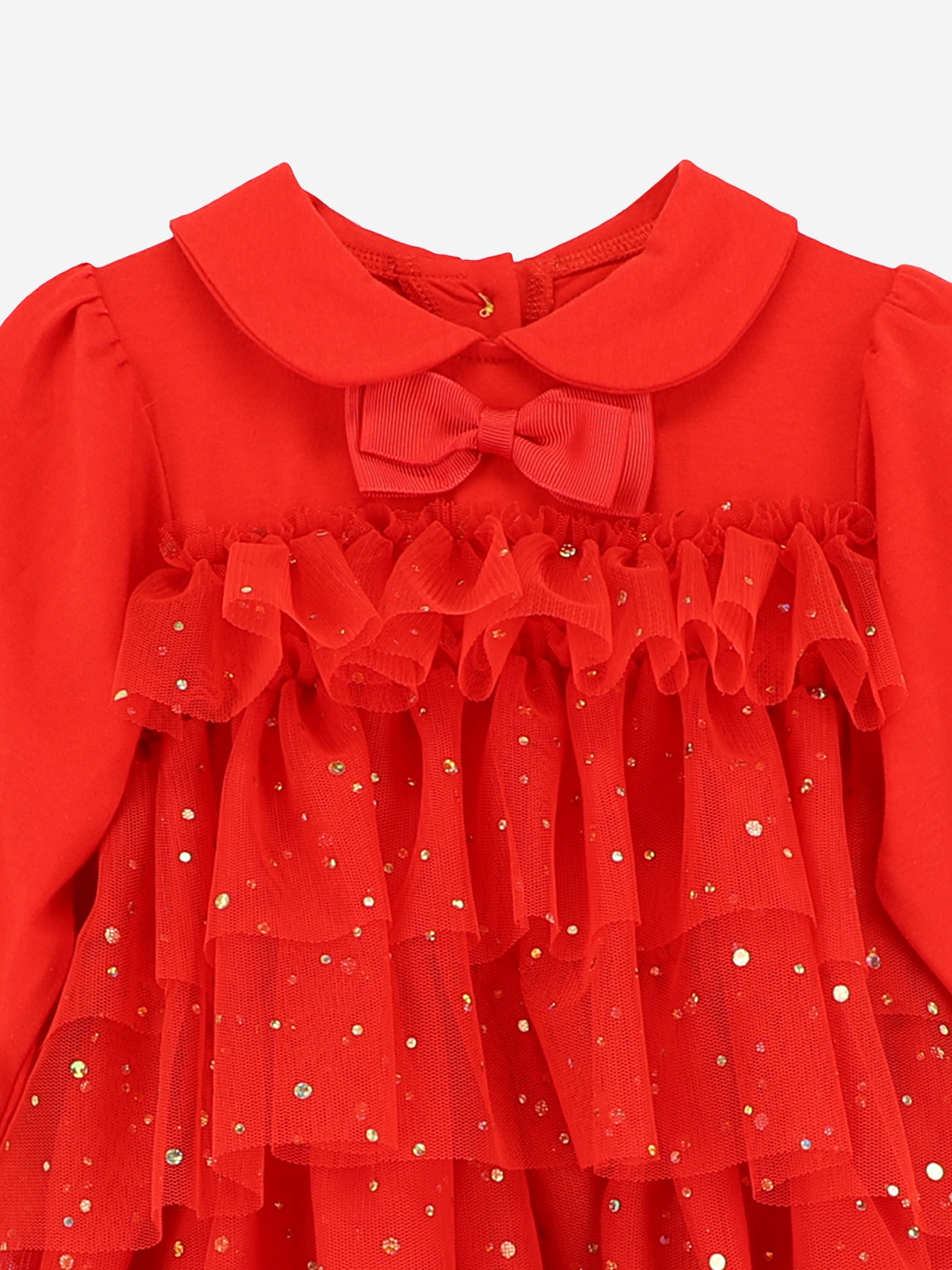 Angels Face Baby Girls Tallulah Gold Dot Tiered Dress in Red