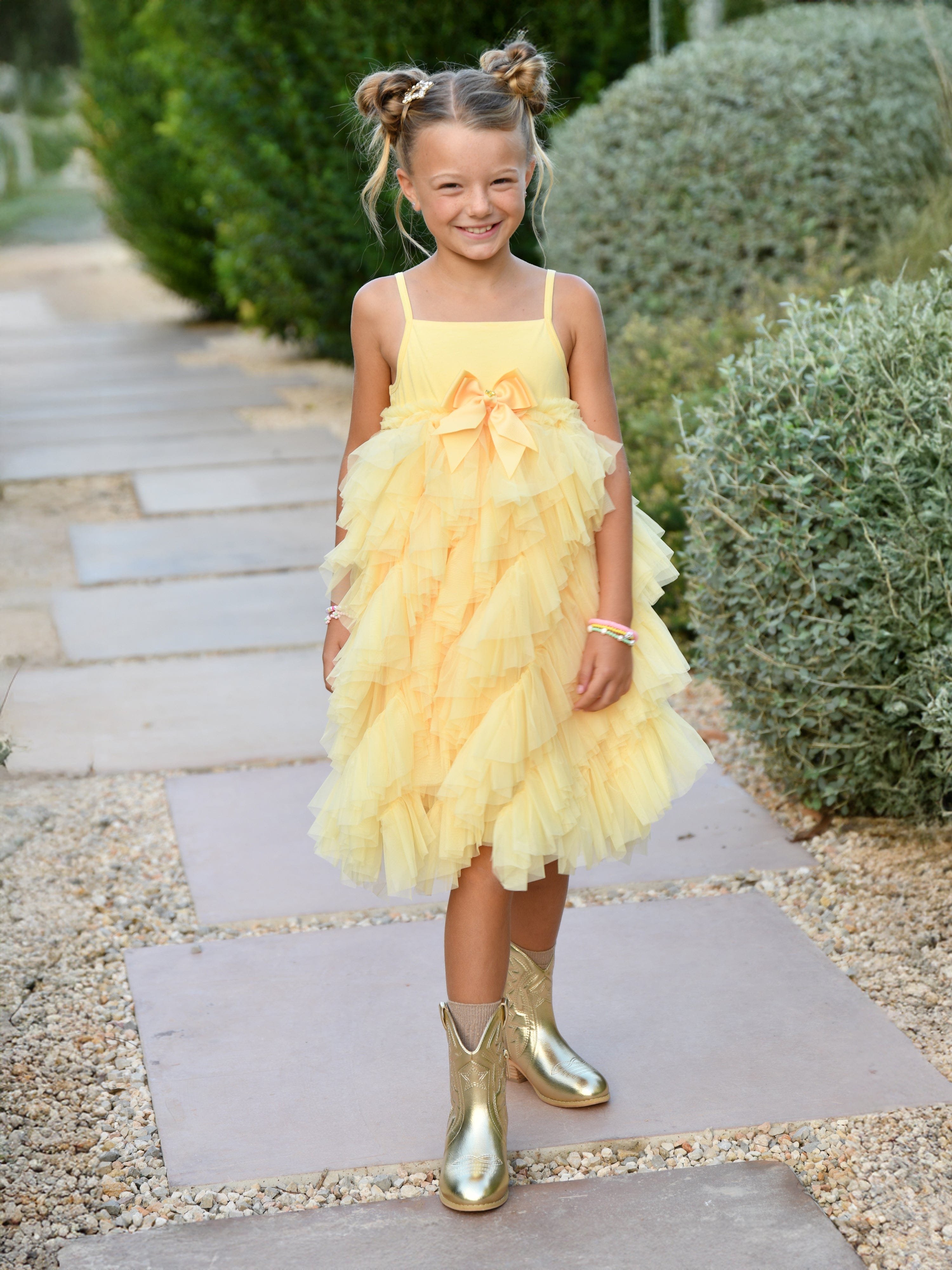 Angels Face Girls Cascade Waterfall Tulle Strappy Dress in Yellow