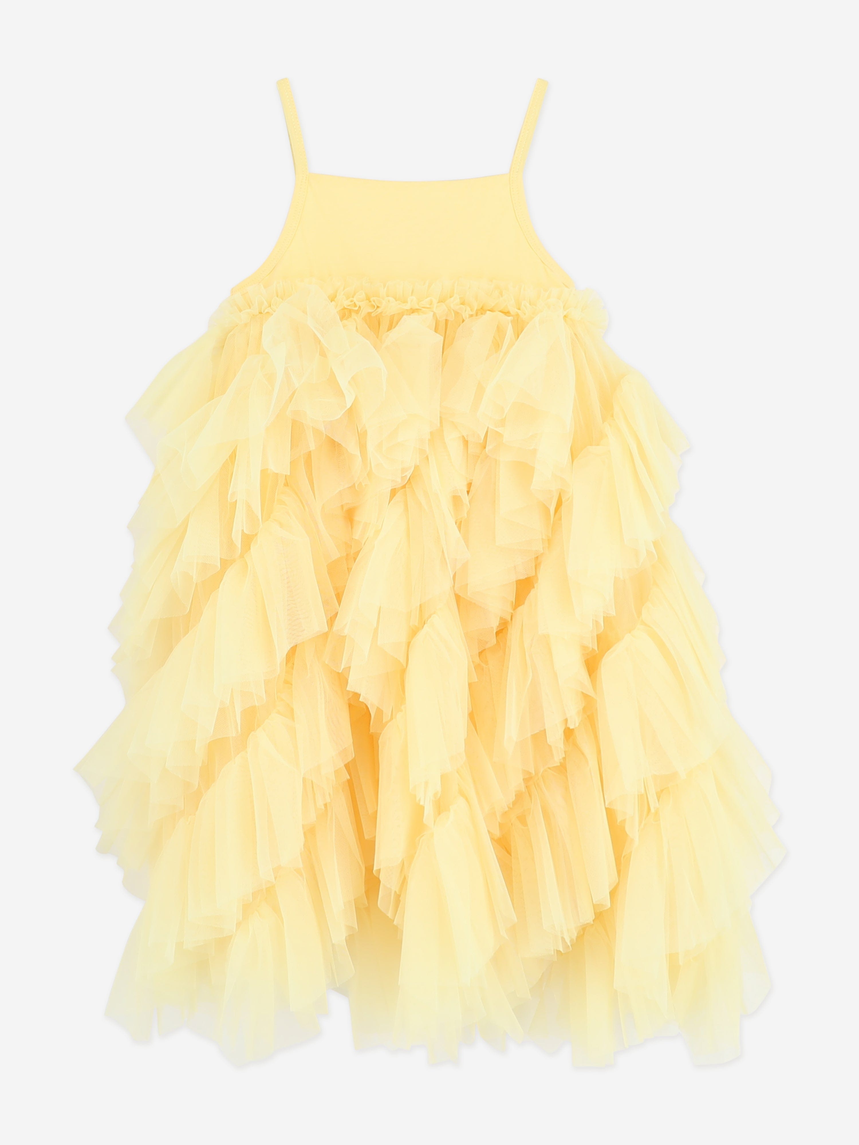 Angels Face Girls Cascade Waterfall Tulle Strappy Dress in Yellow