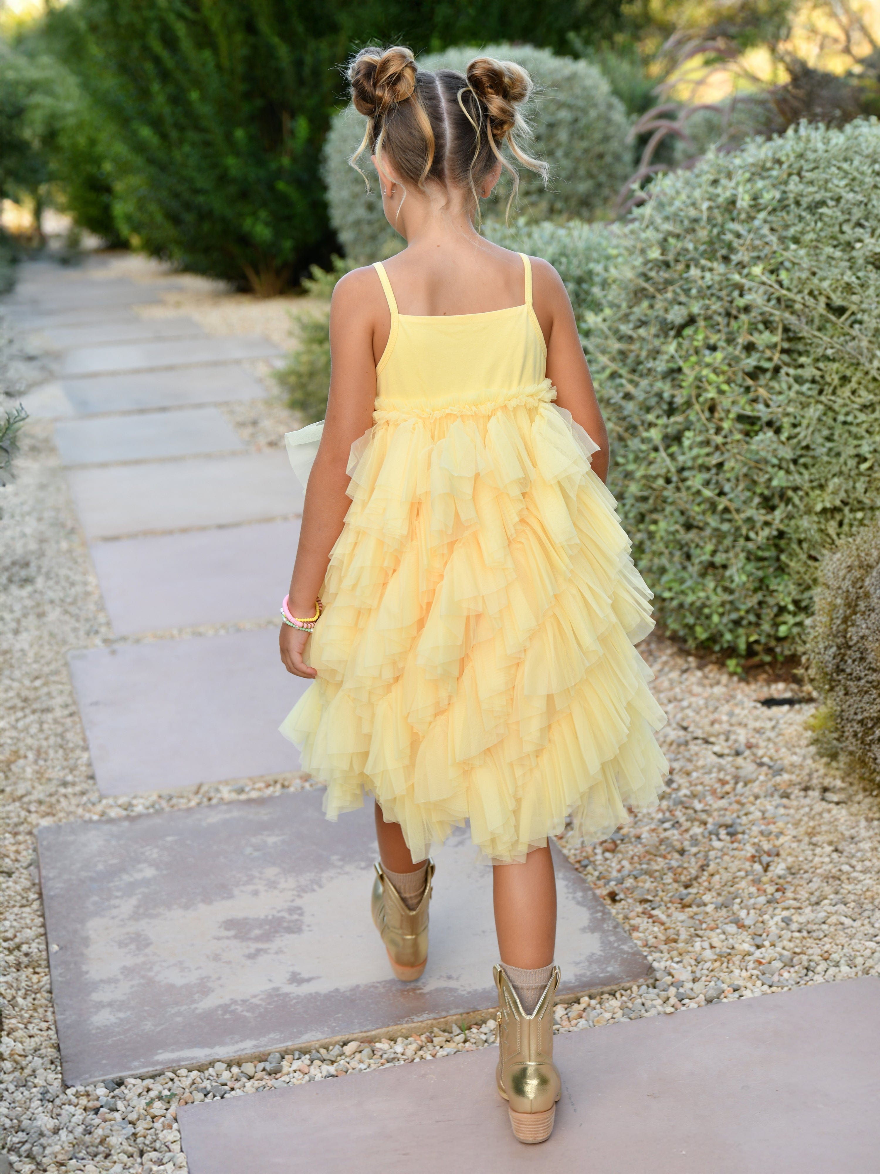 Angels Face Girls Cascade Waterfall Tulle Strappy Dress in Yellow