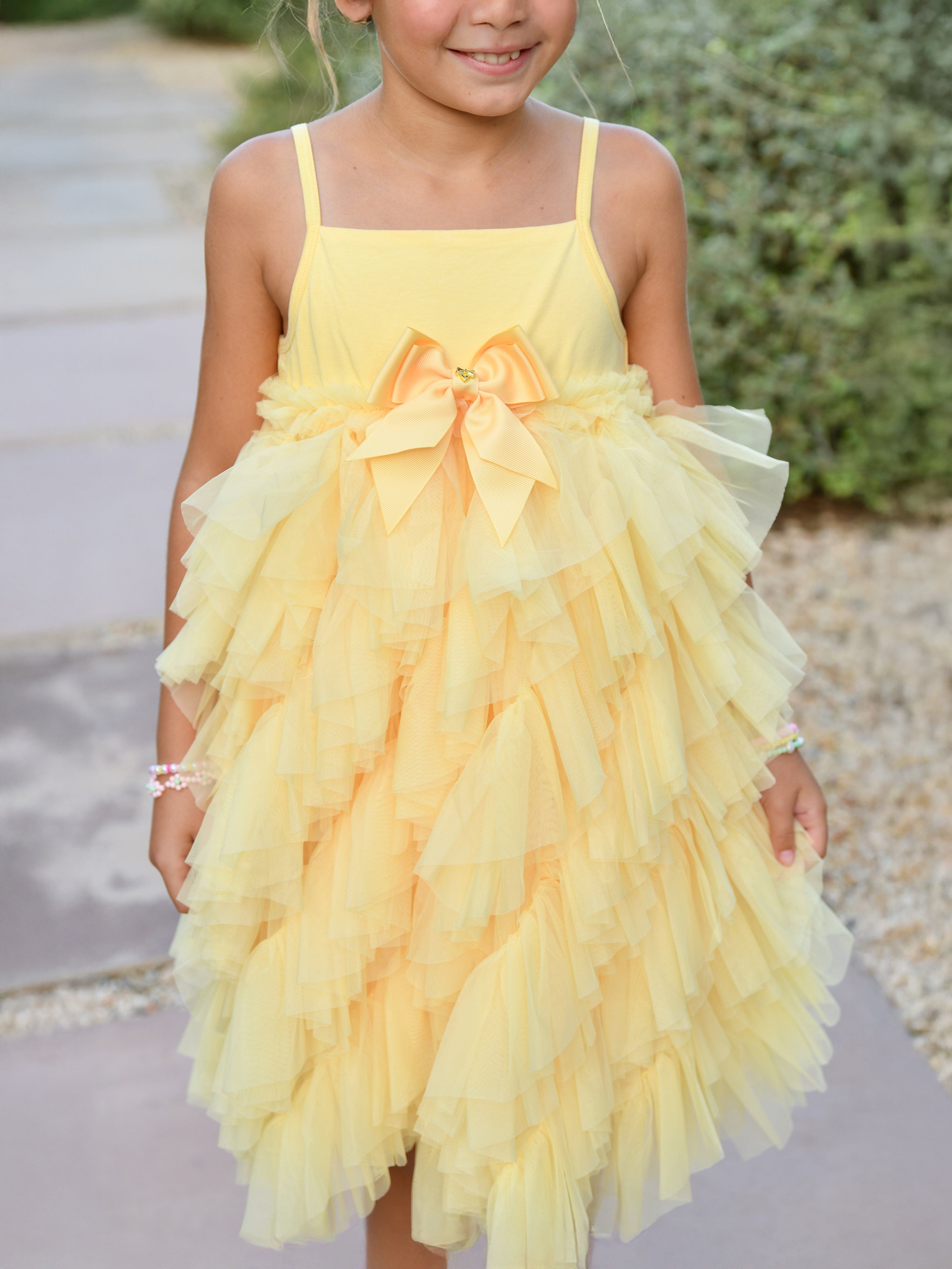 Angels Face Girls Cascade Waterfall Tulle Strappy Dress in Yellow