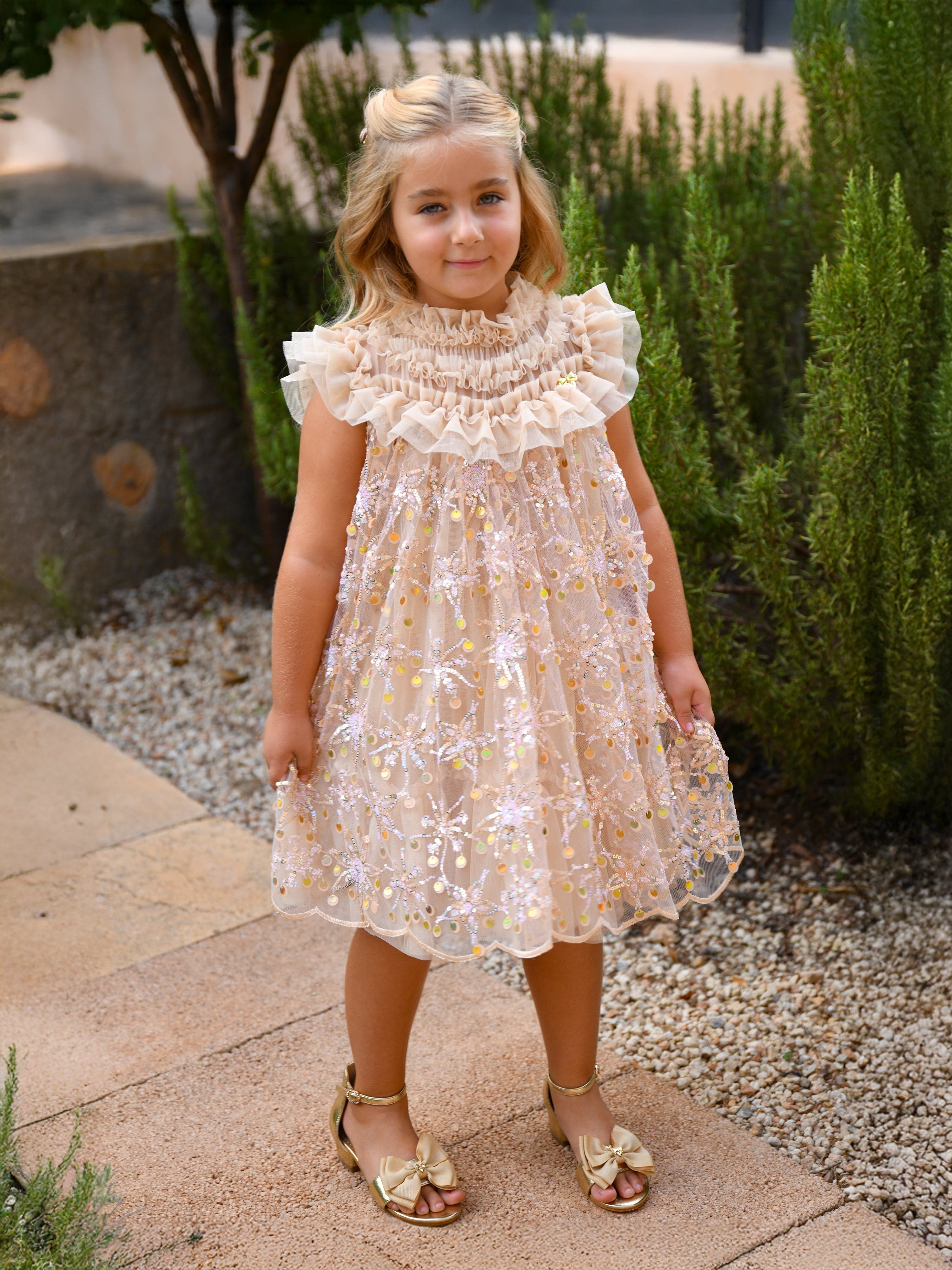 Angels Face Girls Dominique Flower Sequin Dress in Gold